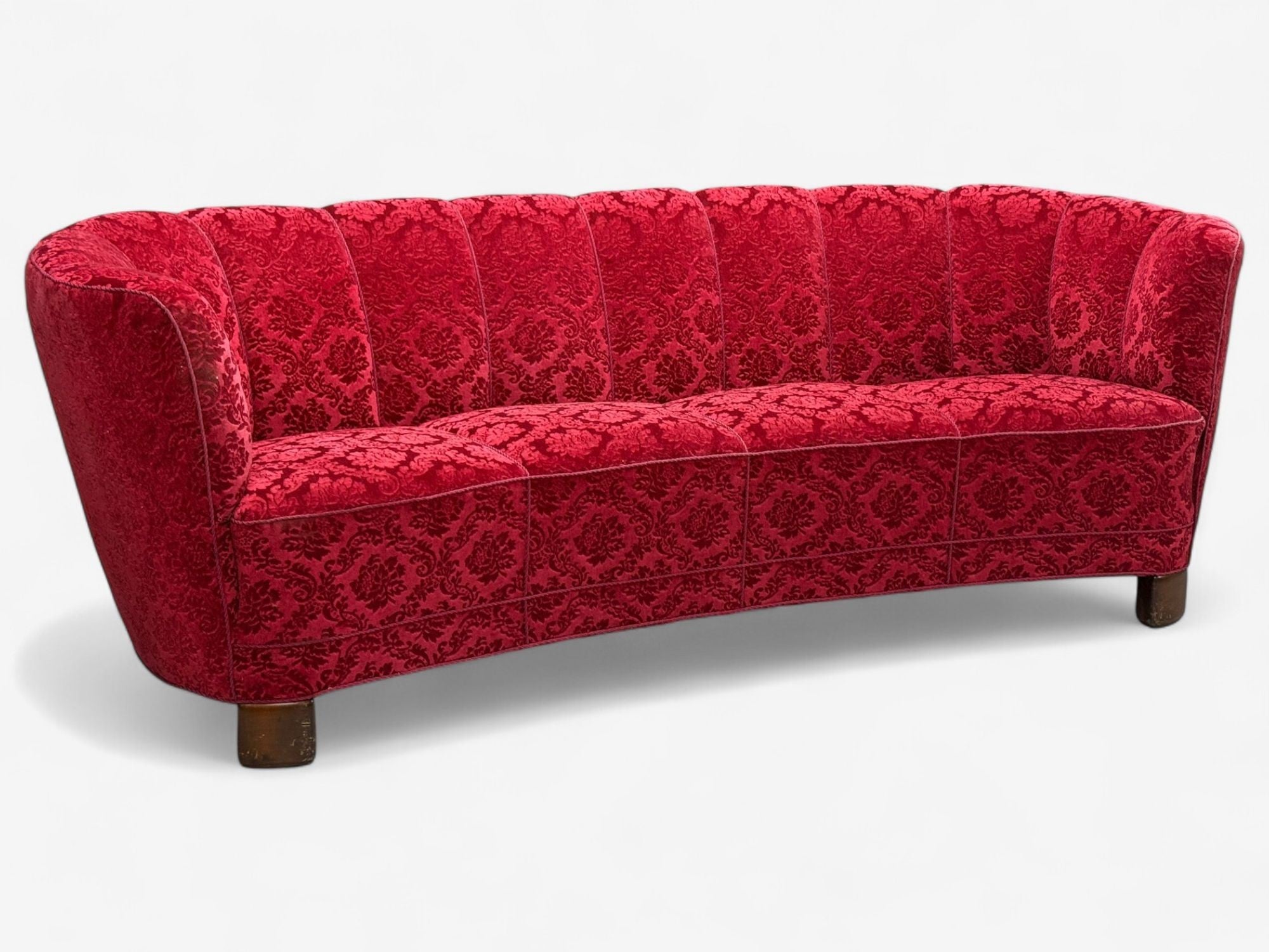 Danish Cabinetmaker, Oak, Fabric, Curved Banana Sofa, Denmark, 1960s