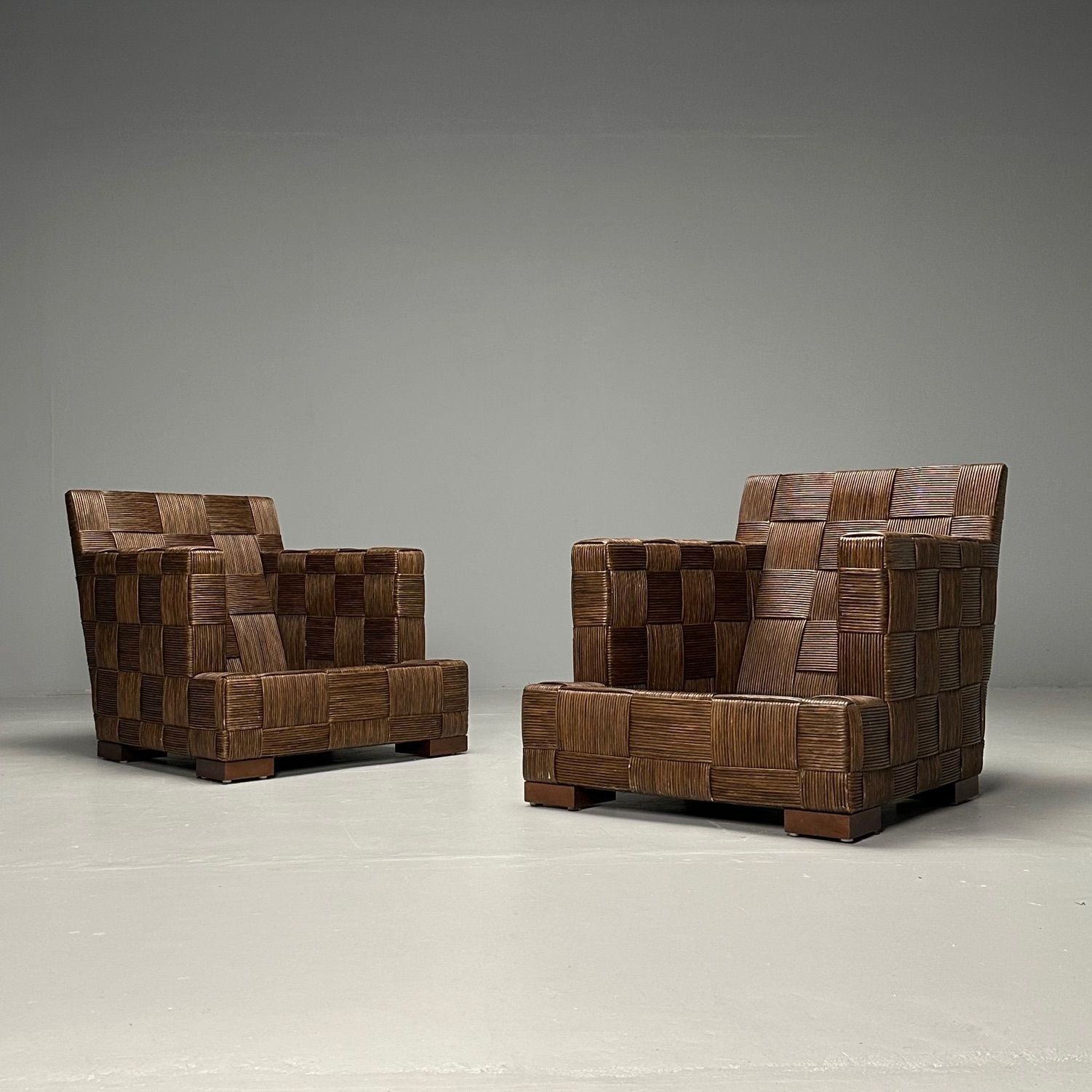 John Hutton, Woven Cane, Mahogany, Oversized Lounge Chairs, USA, 1990s