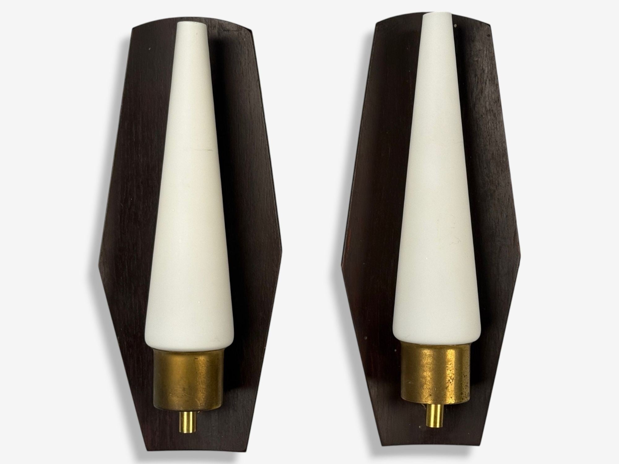Danish Modern, Teak, Brass, Opaline Glass, Wall Lights, Denmark, 1960s