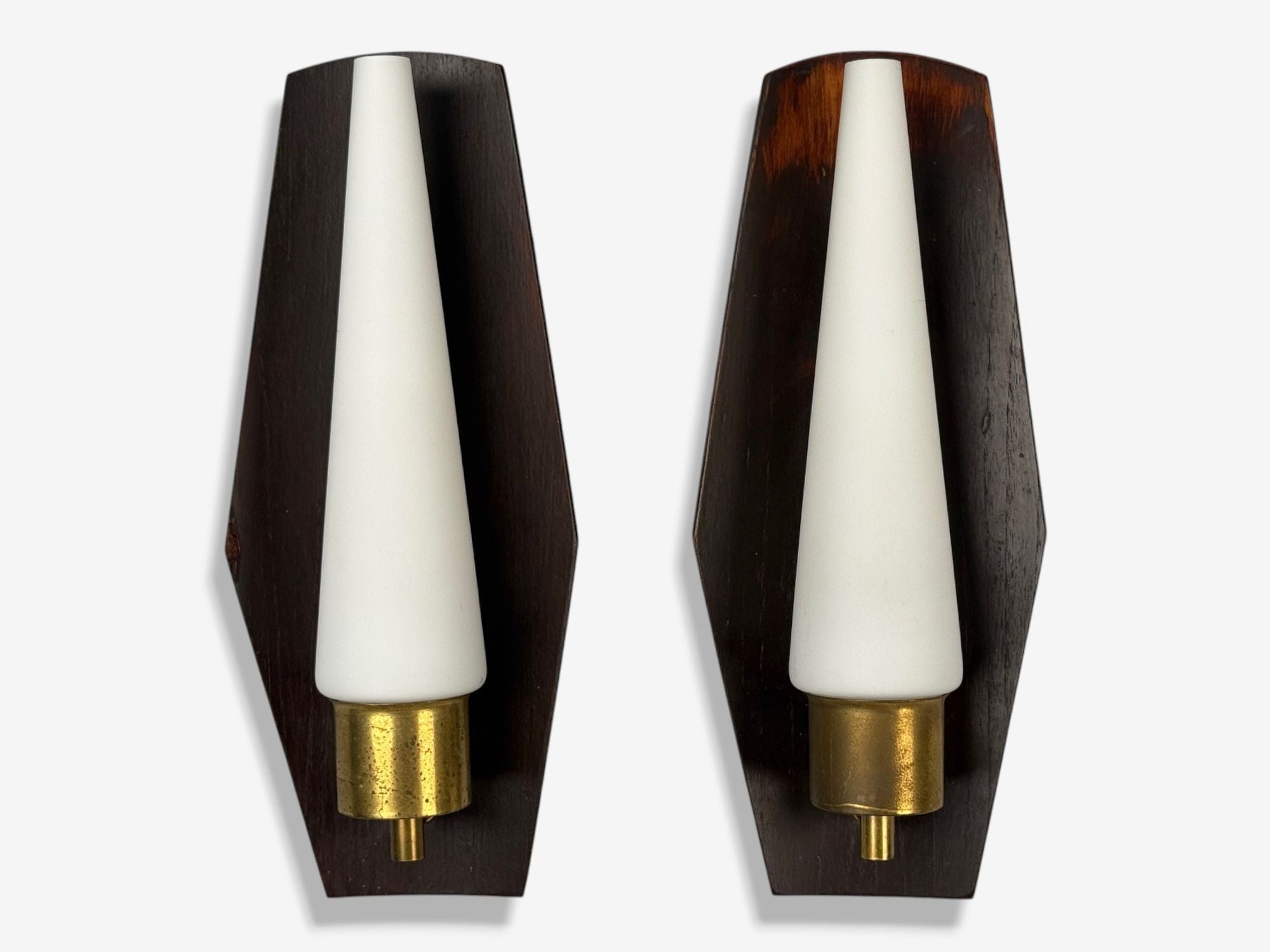 Danish Modern, Teak, Brass, Opaline Glass, Wall Lights, Denmark, 1960s