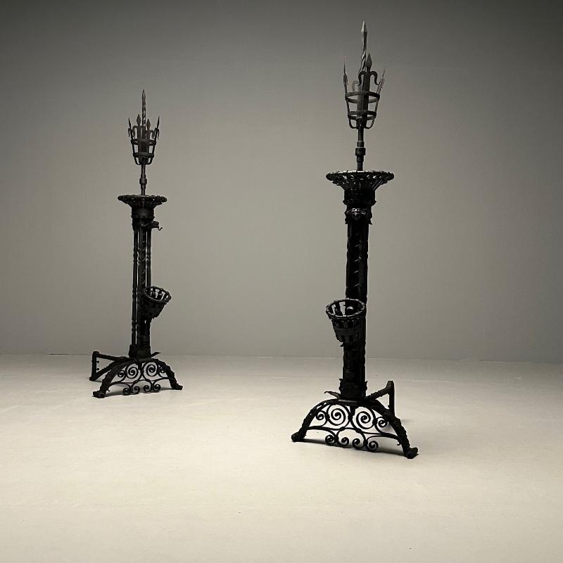 Pair Monumental Samuel Yellin Style Wrought Iron Andirons, Italian Renaissance