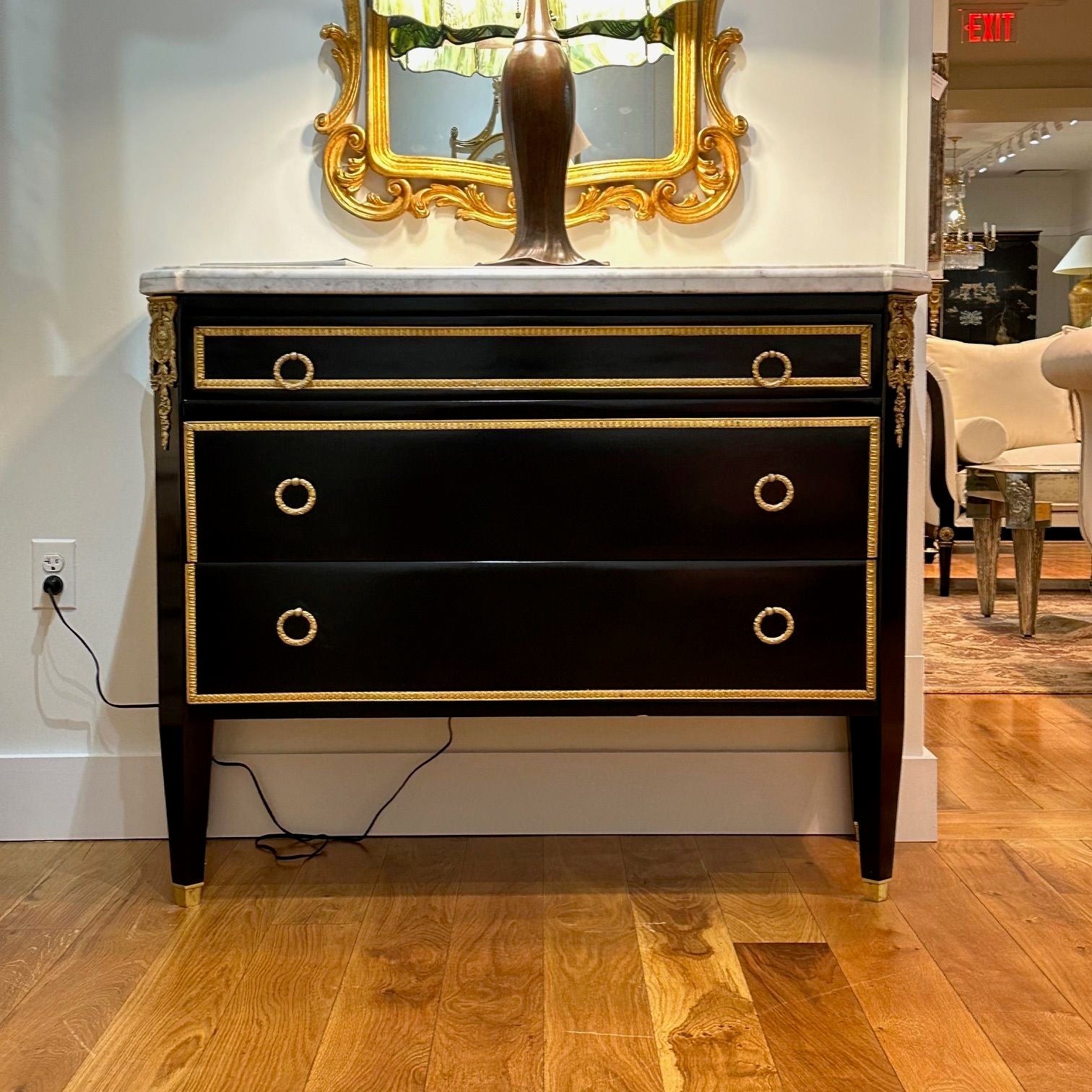 Louis XVI, Hollywood Regency, Commodes, Black Painted Wood, Bronze, Marble