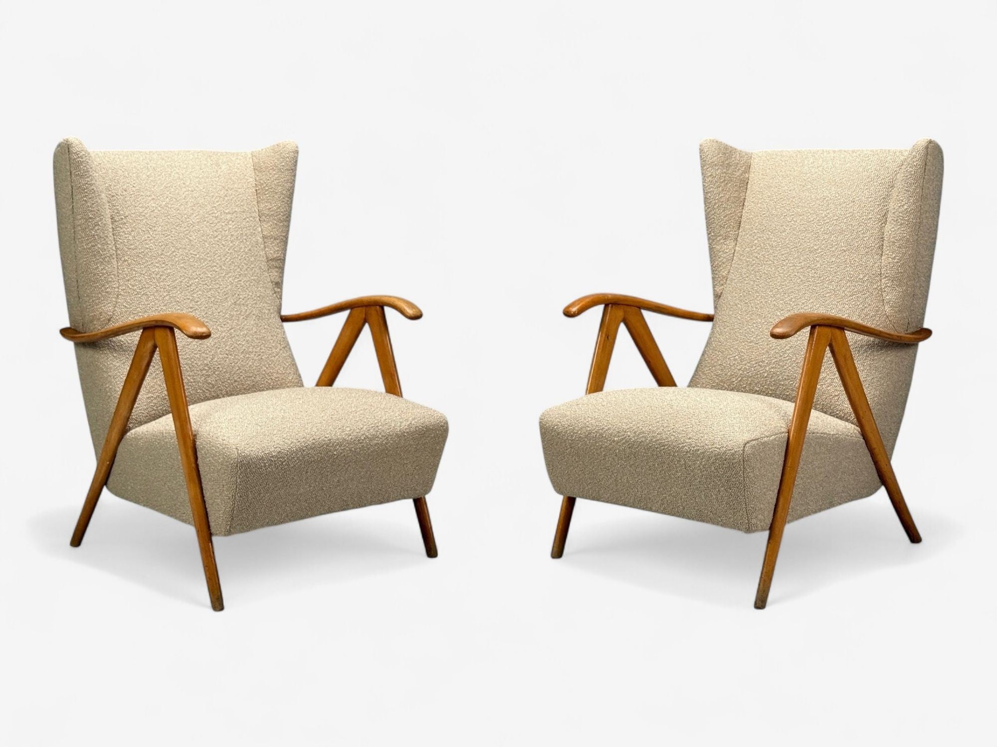 Italian Modern, Beige Boucle, Wood, Sculptural Lounge Chairs, Italy, 1960s