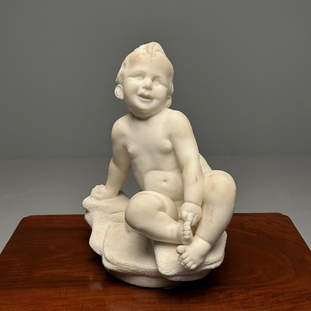 Carved Marble Figure of Seated Nude Child, 19th/Early 20th Century, Statue