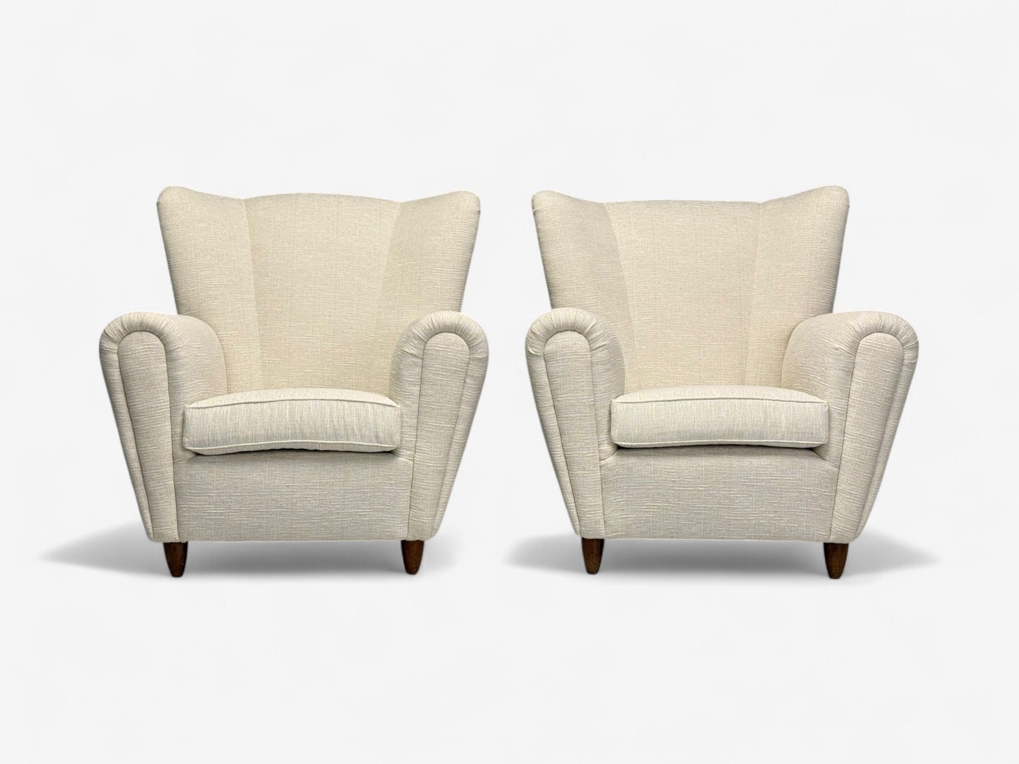 Italian Modern, Stained Wood, Beige Tweed Fabric, Club Chairs, Italy, 1940s