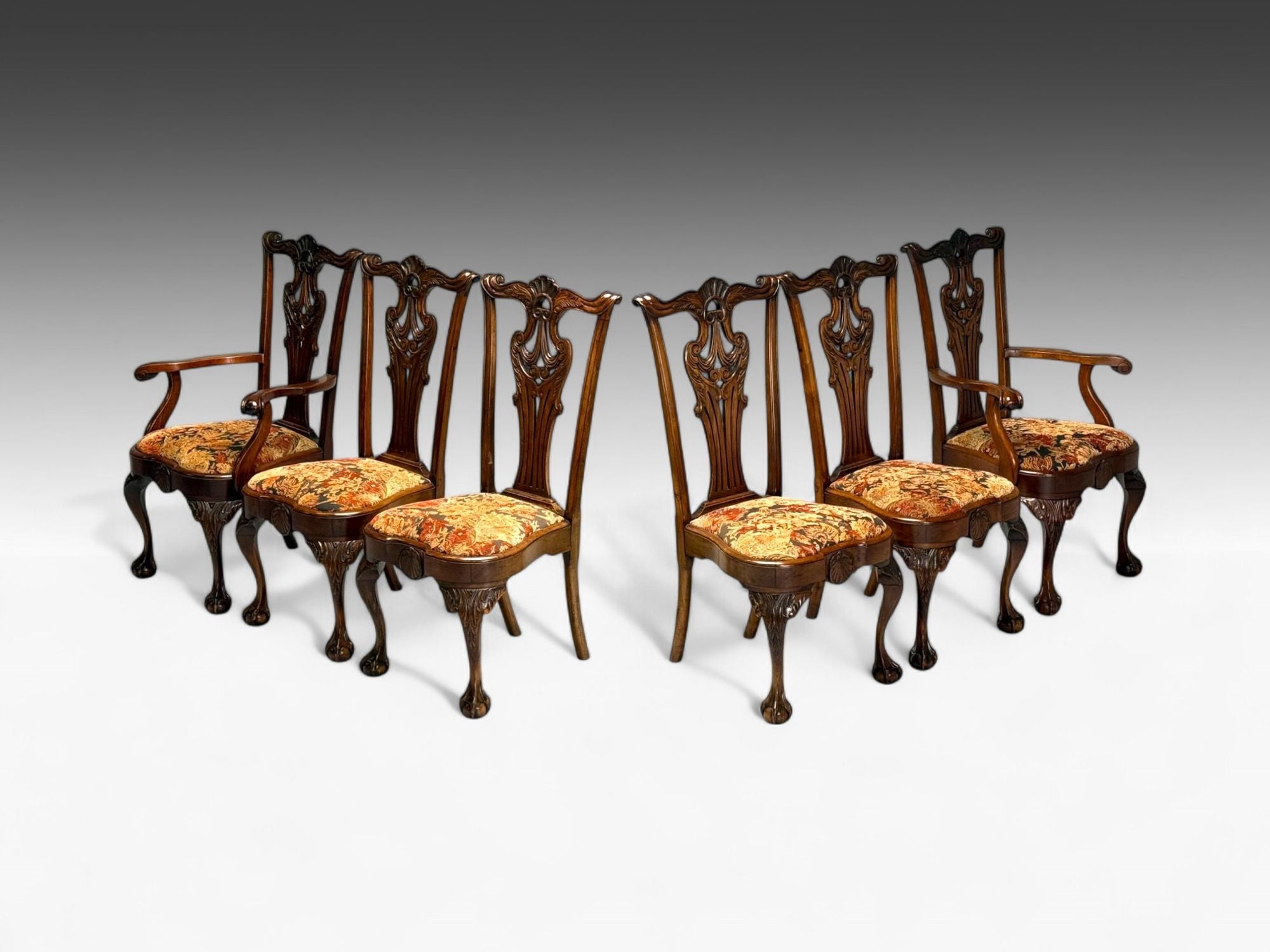 Georgian, Mahogany, Fabric, Six Chippendale Dining Chairs, England, 1960s