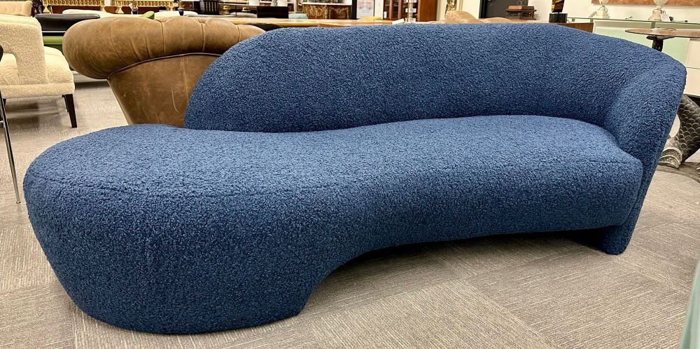 Mid-Century Modern Style Organic Form Kidney Shaped Cloud Sofa, Blue Boucle