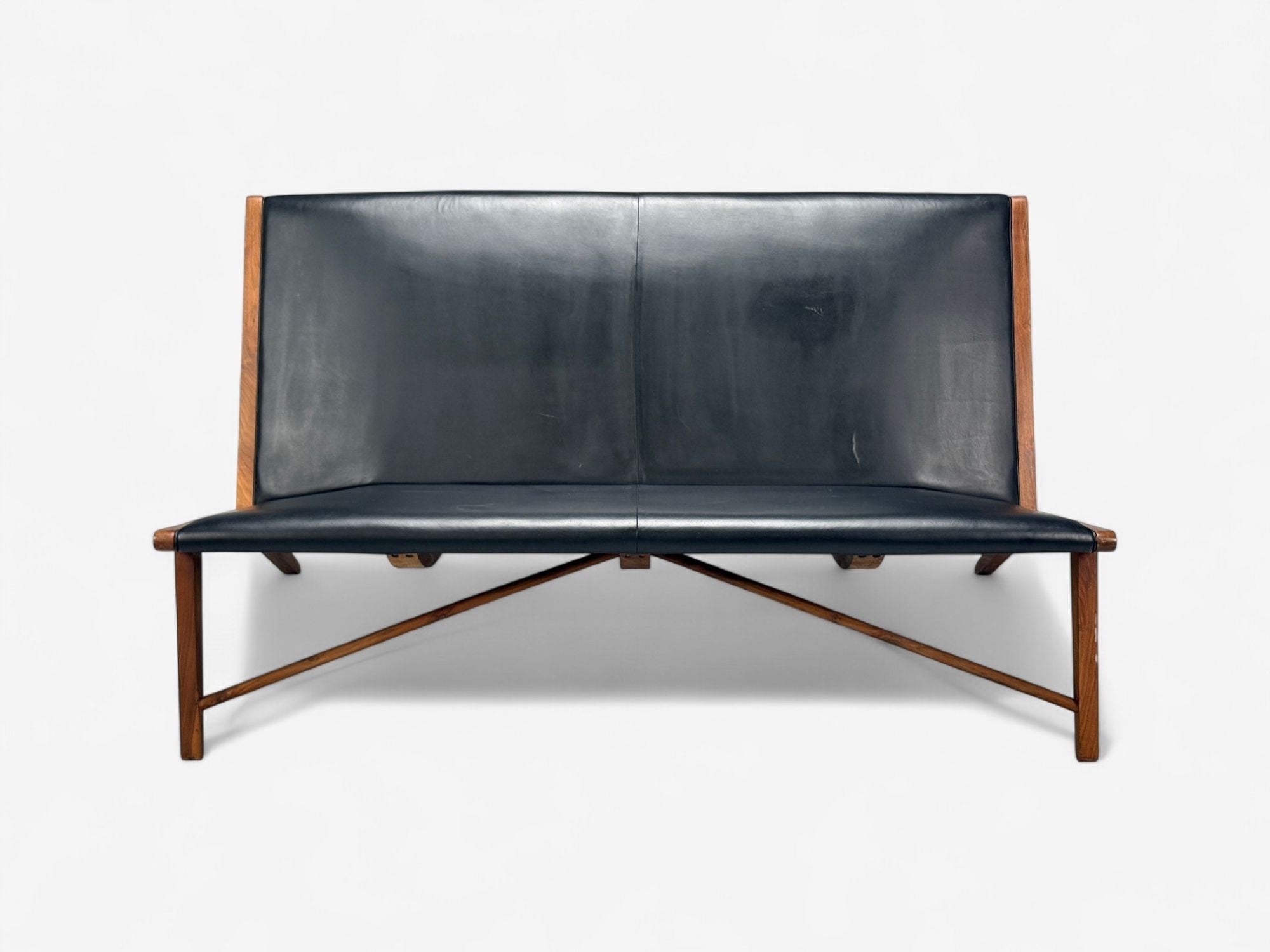 Hans J. Wegner Style, Teak, Leatherette, Settee, Denmark, 1950s