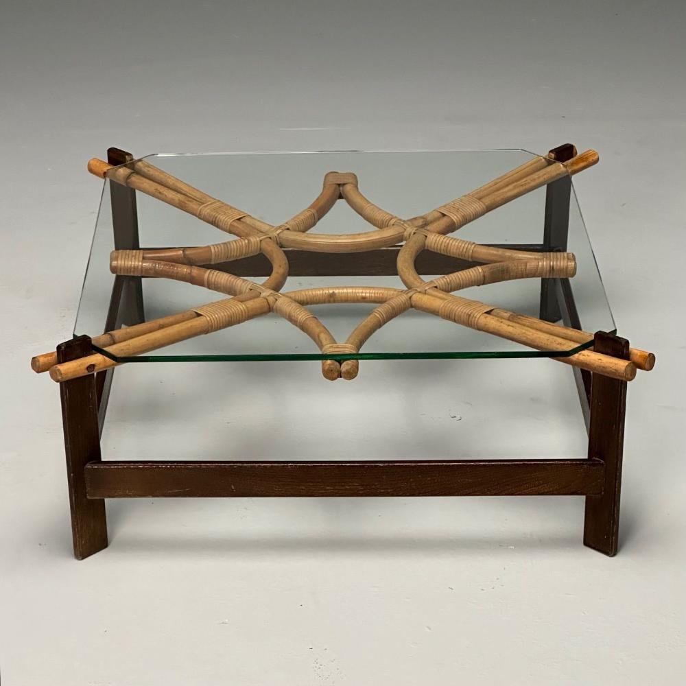 ISA, Italian Mid-Century Modern, Square Coffee Table, Wood, Bamboo, Cane, 1980s