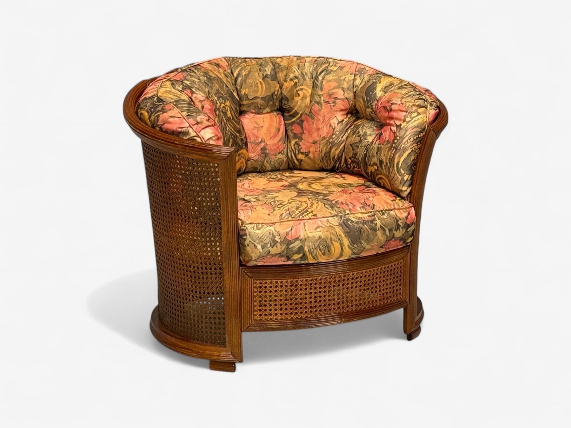Traditional, Cane, Walnut, Barrel Back Armchair, USA, 1980s