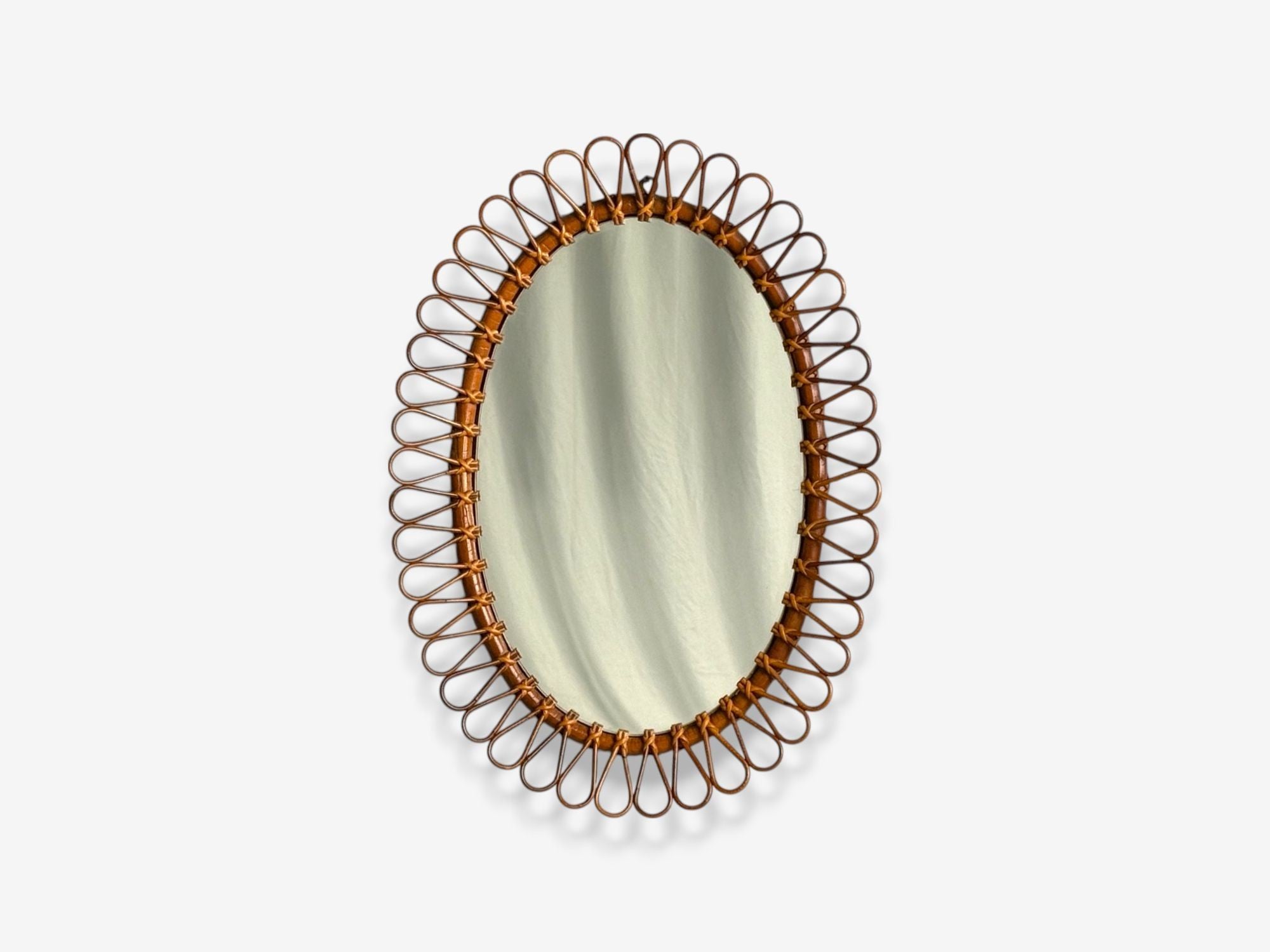 Italian Modern, Bamboo, Cane, Oval Wall Mirror, Italy, 1950s