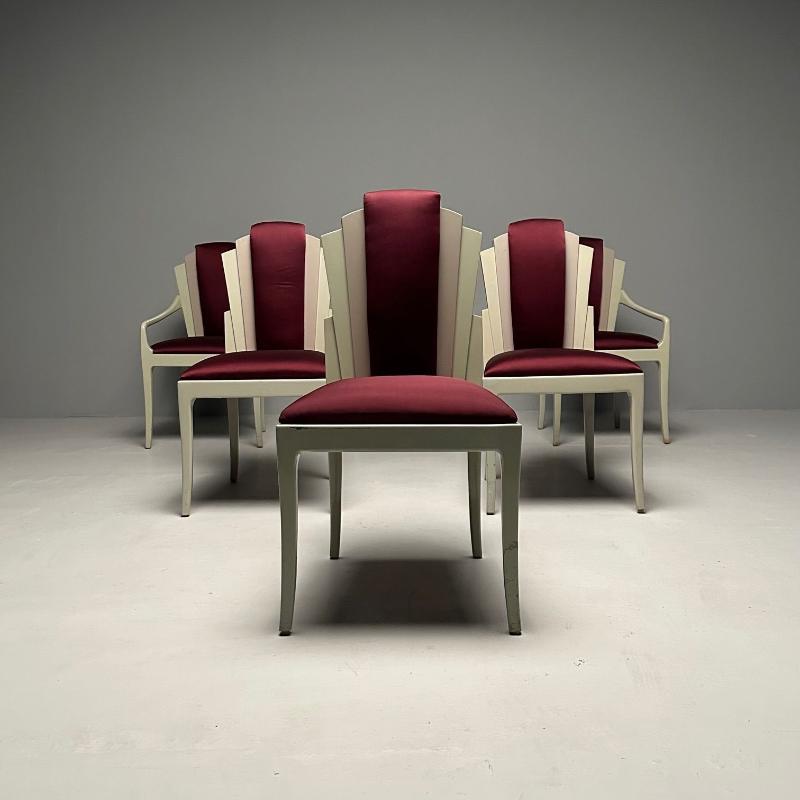 Vladimir Kagan Mid-Century Modern, Six Eva Dining Chairs, Lacquer, Maroon Fabric