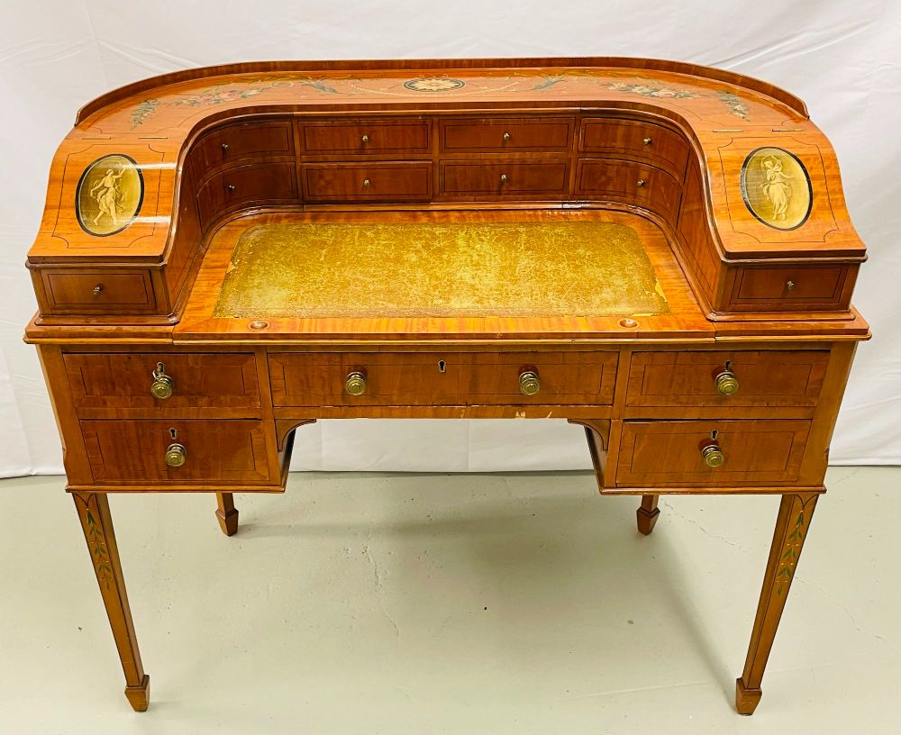 Adams Edwardian Inlaid Carlton House Desk, Hand Painted, Satinwood, A. Kaufman