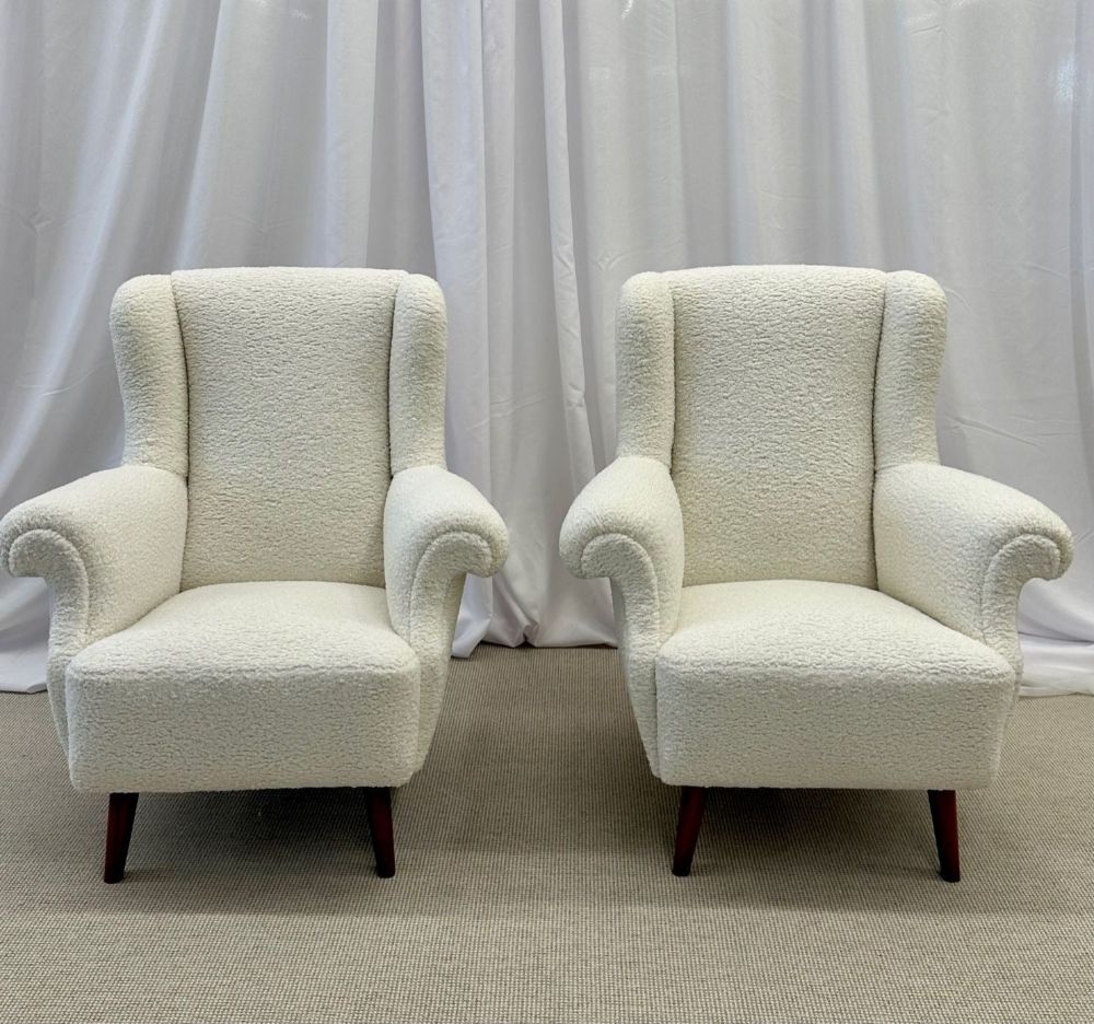 Pair American Mid-Century Scroll Lounge / Wingback Chairs, Boucle, Draper Style