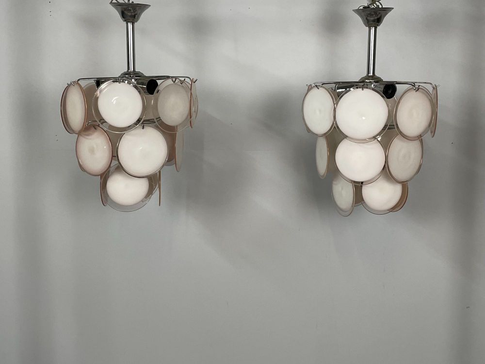 Pair of Mid-Century Modern Style Small Pink Murano Glass Disk Chandeliers
