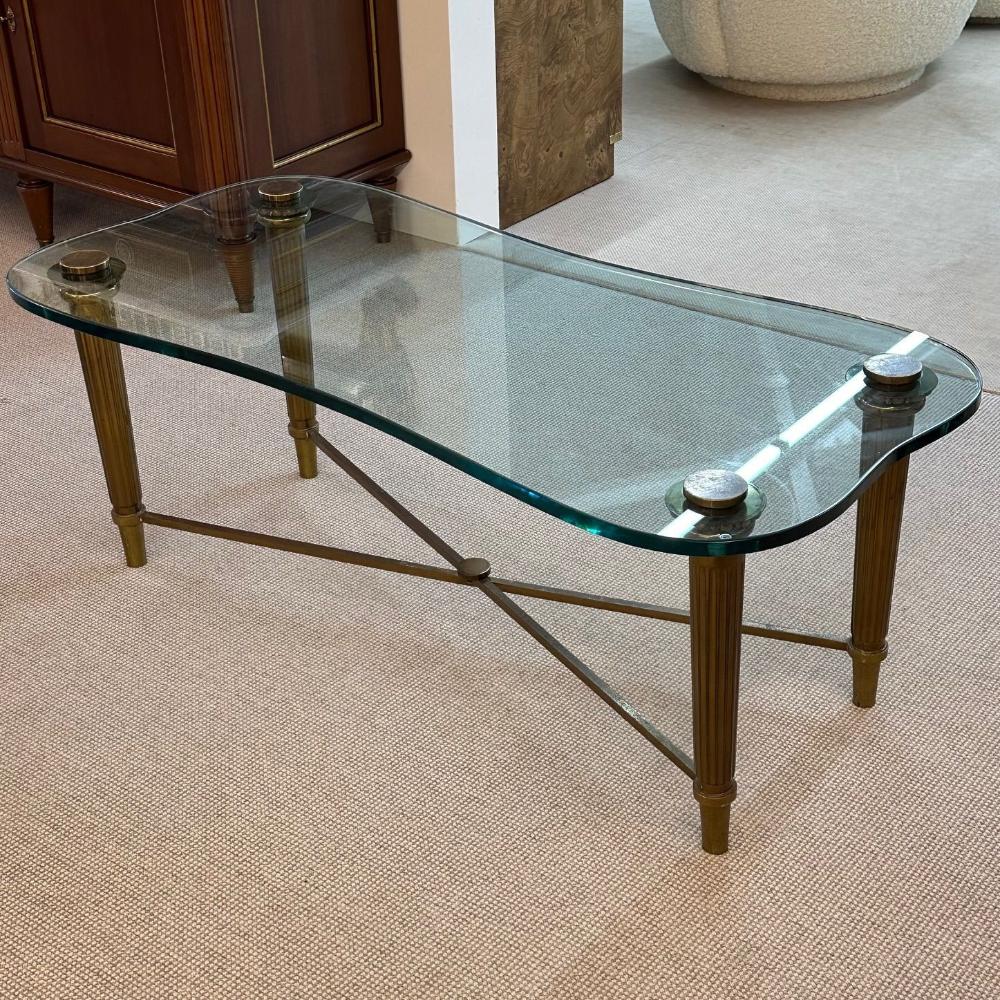French Neo-Classical Glass Top Coffee Table, Mid-Century Modern PE Guerin Style