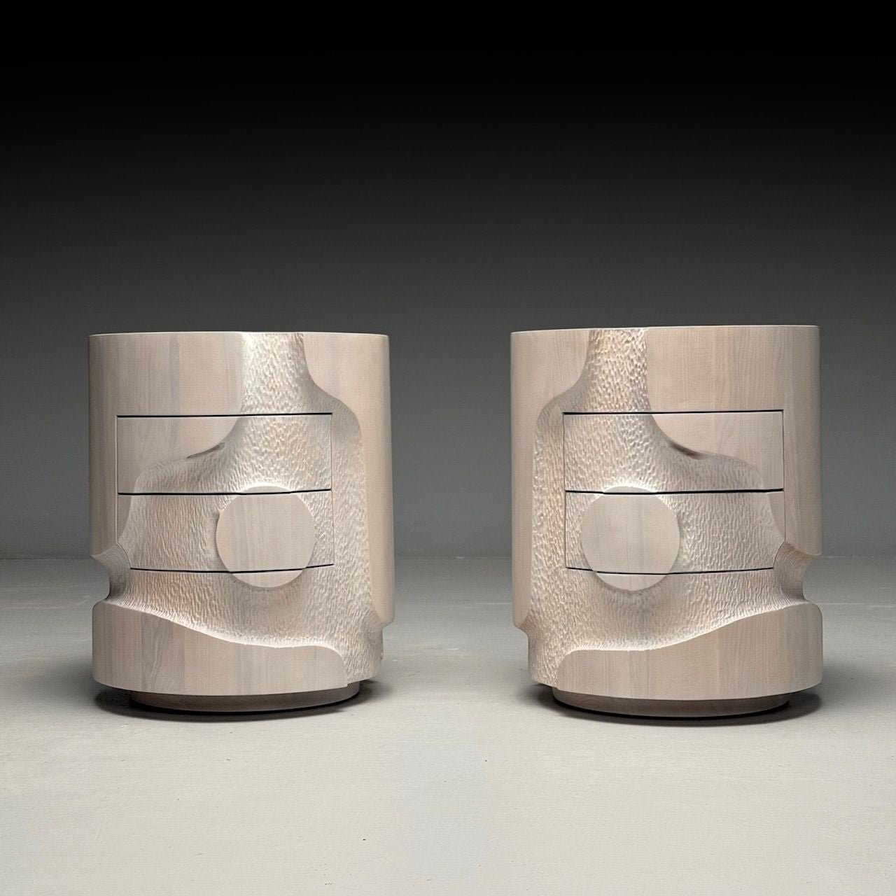 Contemporary, Organic Modern, Round Sculptural Nightstands, Bleached Ashwood