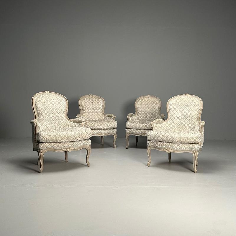 Louis XV Style, Bergère Chairs, Grey Painted Wood, Fabric, France, 1970s