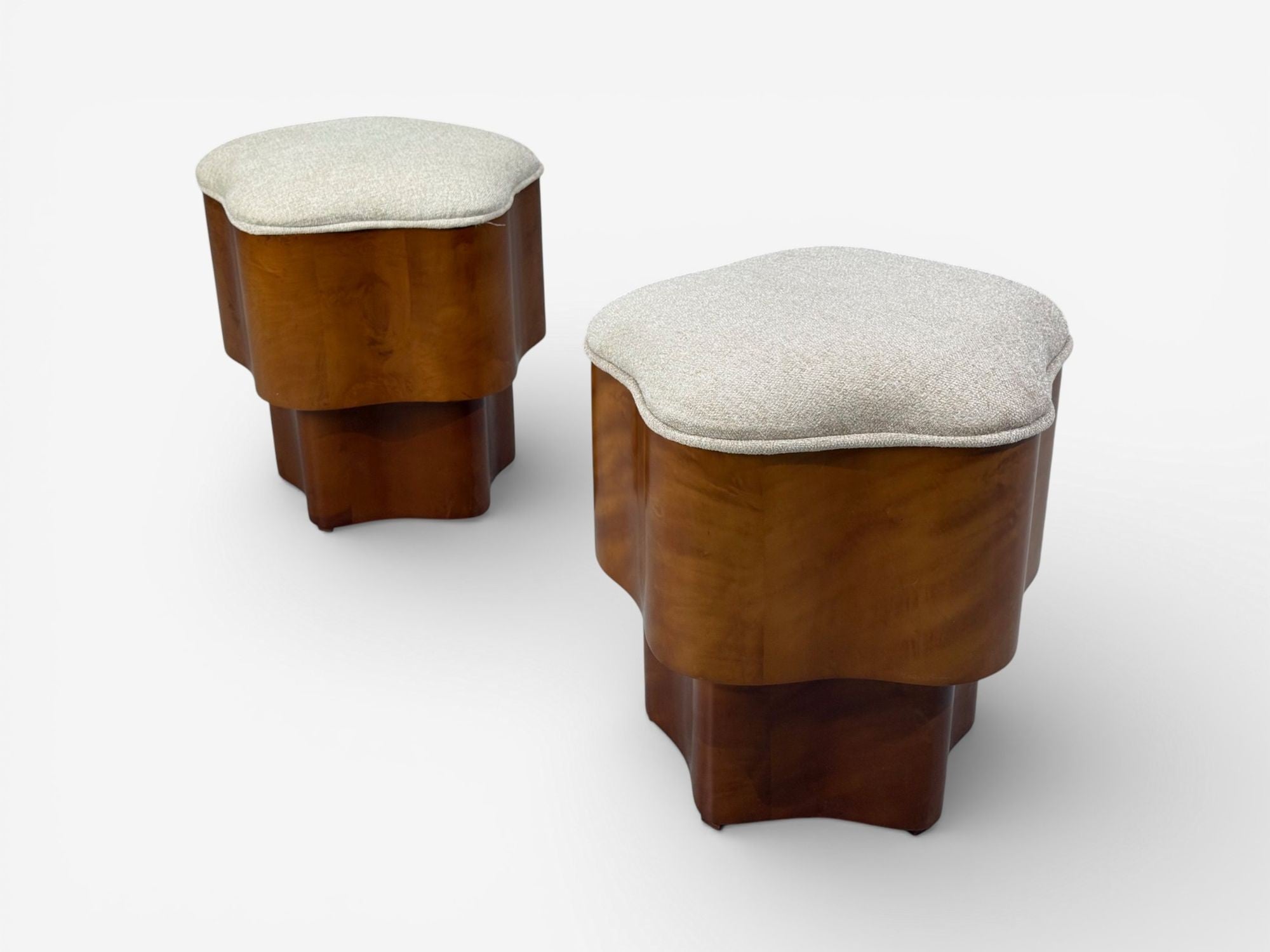 Art Deco Style, Star Motif Footstools, Burlwood, Beige Linen, 21st c.
