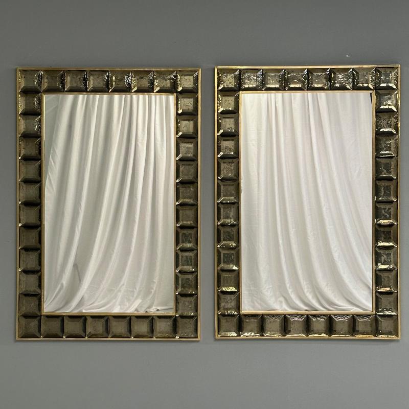 Contemporary, Wall Mirrors, Bronze Faceted Square Murano Glass, Italy, 21st C.