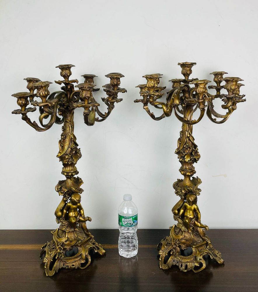 Pair of Louis XVI Style Gilt Bronze Candelabra, Cherub Florentine Form