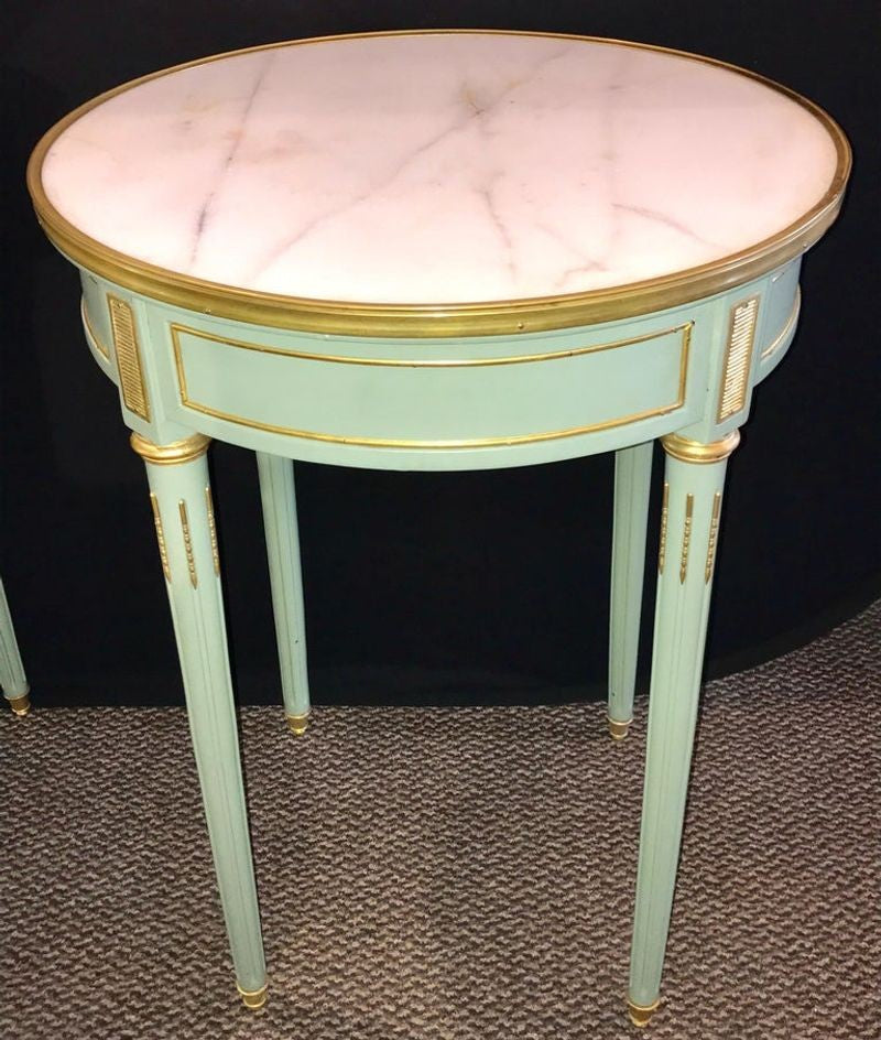 Pair of Paint Decorated Jansen Style Louis XVI End, Side or Bouilliotte Tables