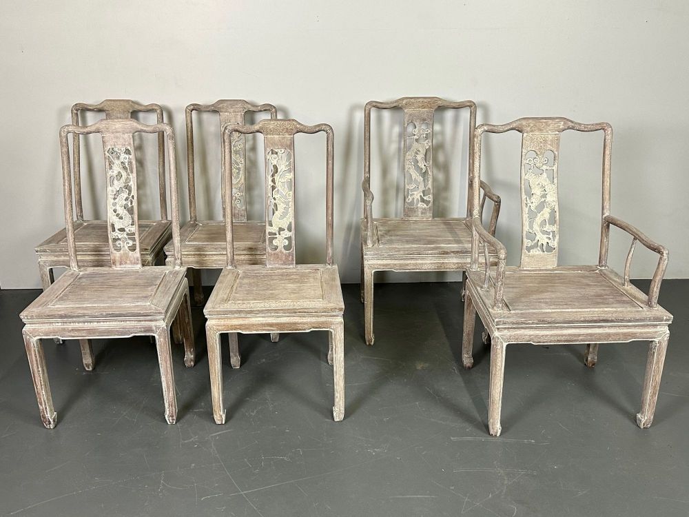 Set Six Chinese Chippendale Whitewashed Dining Chairs, Carved Dragons, Rosewood
