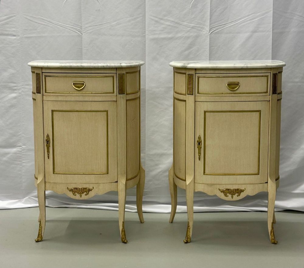 Pair of White Nightstand or End Tables / Side Tables, Marble Top Louis XV Style, Demi Lune