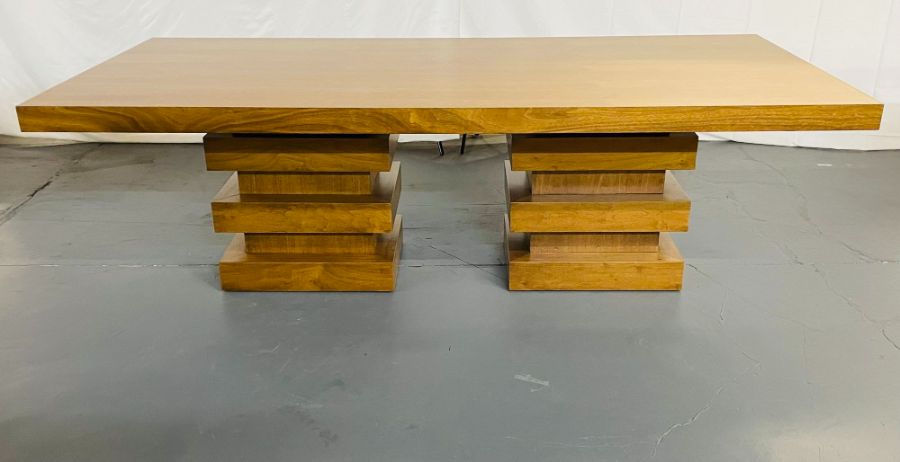 Modern Oak Double Pedestal Base Dining / Conference Table, Geometric Design
