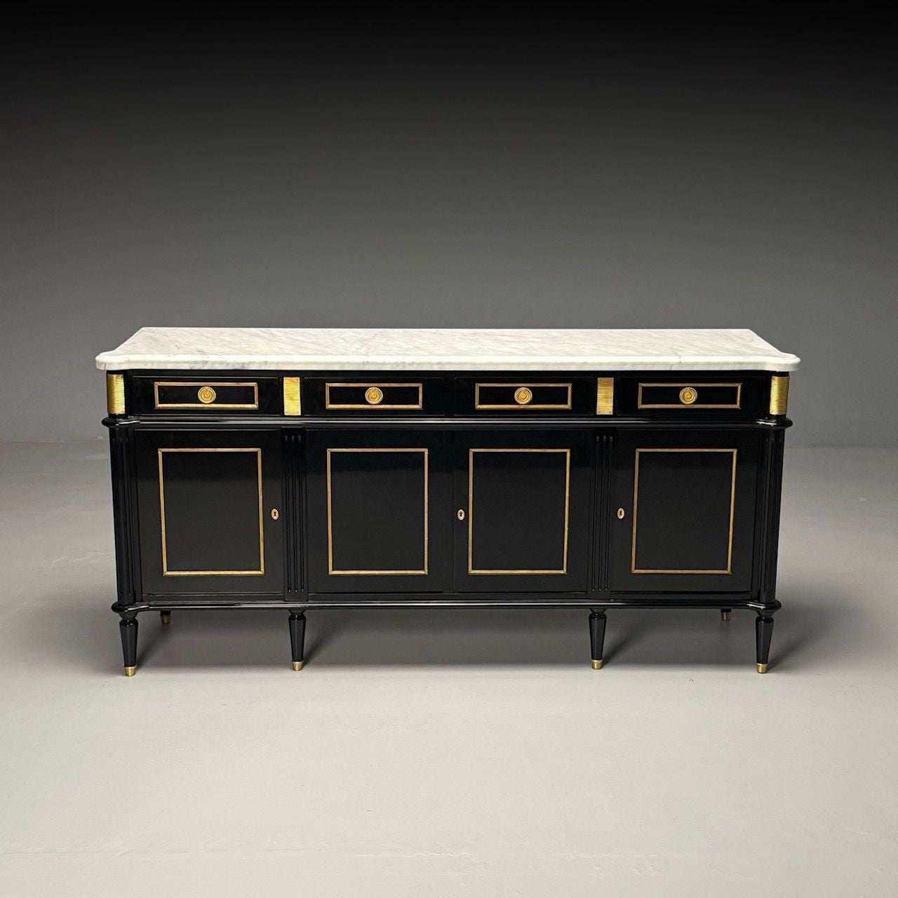 Louis XVI Style, Hollywood Regency, Sideboard, Black Lacquer, Marble, Bronze