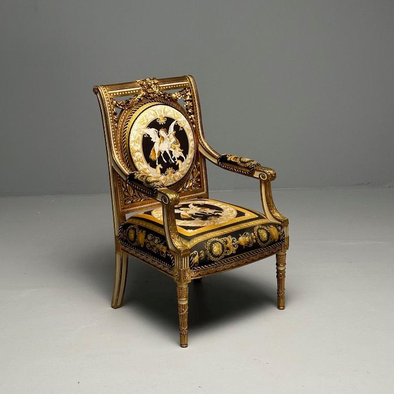 Louis XVI, French Arm Chair, Versace Fabric, Giltwood, France, 1960s