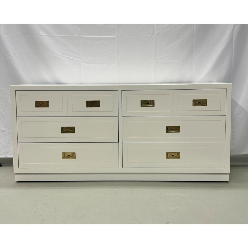 Mid-Century Modern White Campaign Dresser / Chest of Drawers, America, Brass