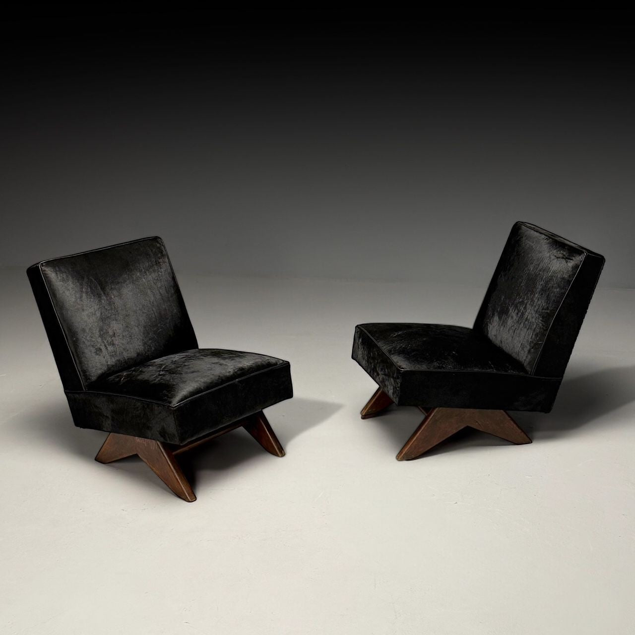 Pierre Jeanneret, French Mid-Century Modern, Slipper Chairs, Black Cowhide, Teak