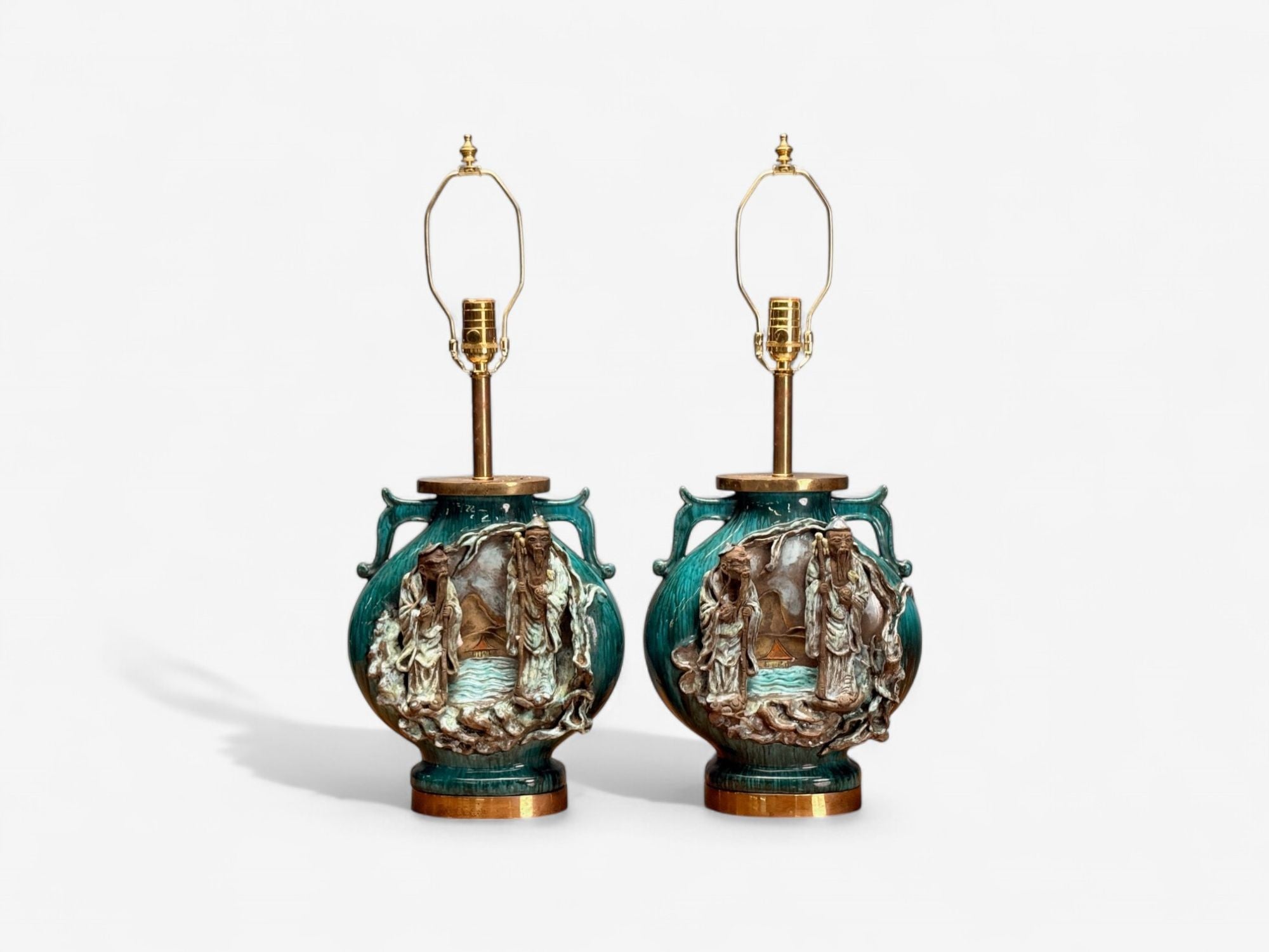 Marcello Fantoni, Green Ceramic, Chinese Table Lamps, Italy, 1940s