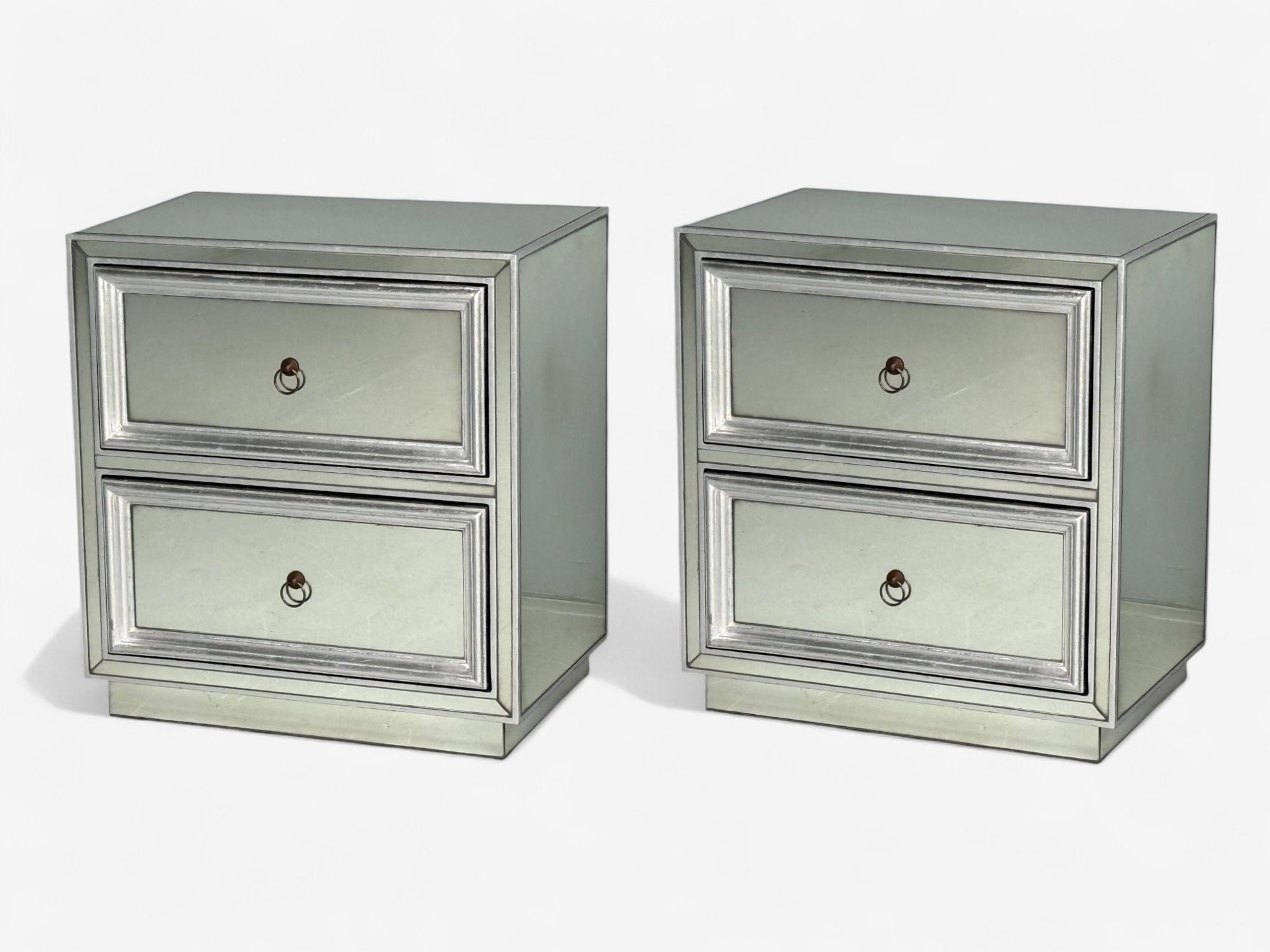 Hollywood Regency Style, Silver Leaf, Distressed Glass, Mirrored Nightstands