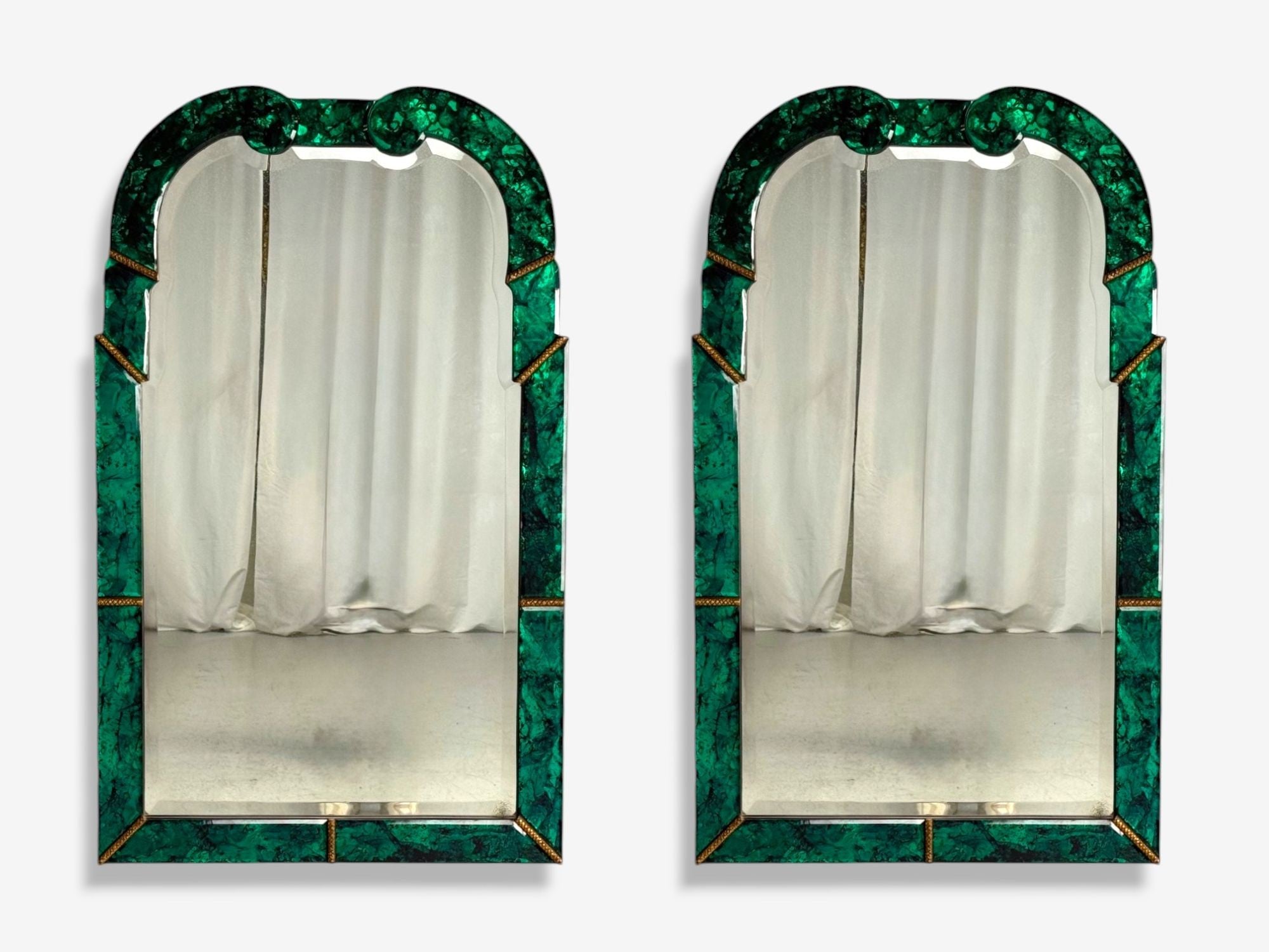 Art Deco Style, Green Antiqued Beveled Glass, Venetian Wall Mirrors