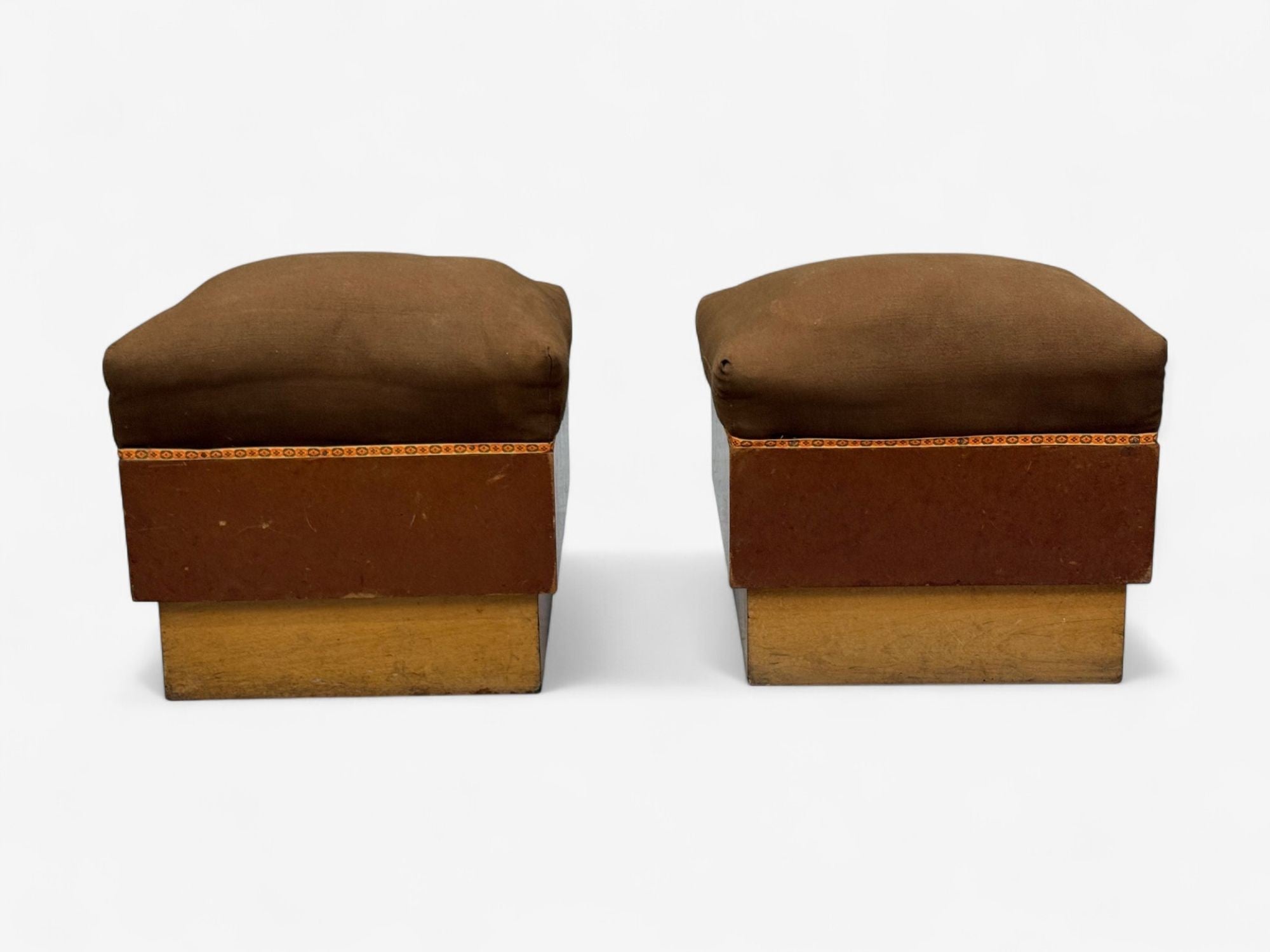 Italian Art Deco, Stained Wood, Brown Fabric, Ottomans or Poufs, Italy, 1930s