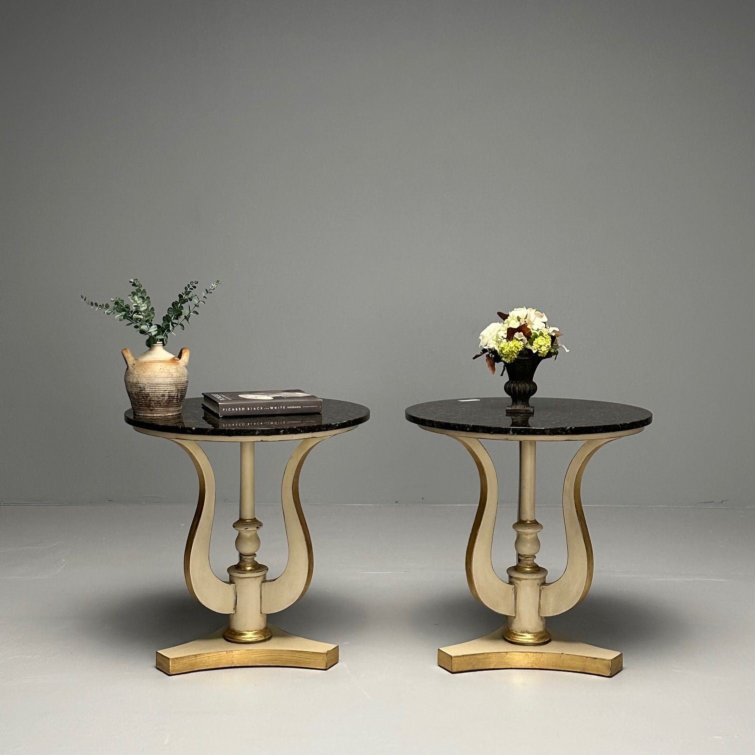 Regency, Side Tables, Pedestals, Ivory Paint, Giltwood, Marble Tops, USA, 1960s