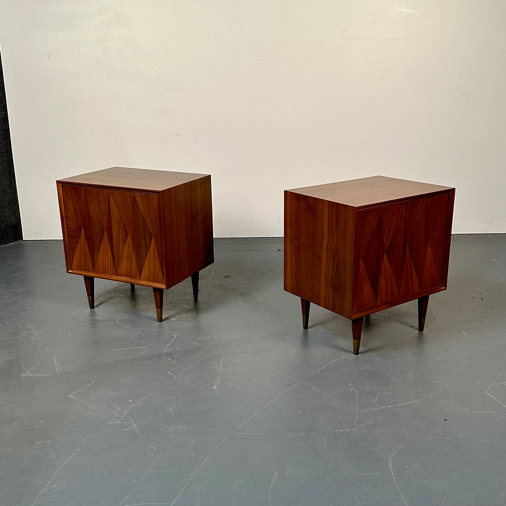 Pair of Danish Mid-Century Modern Style Geometric Nightstands, Walnut, Brass