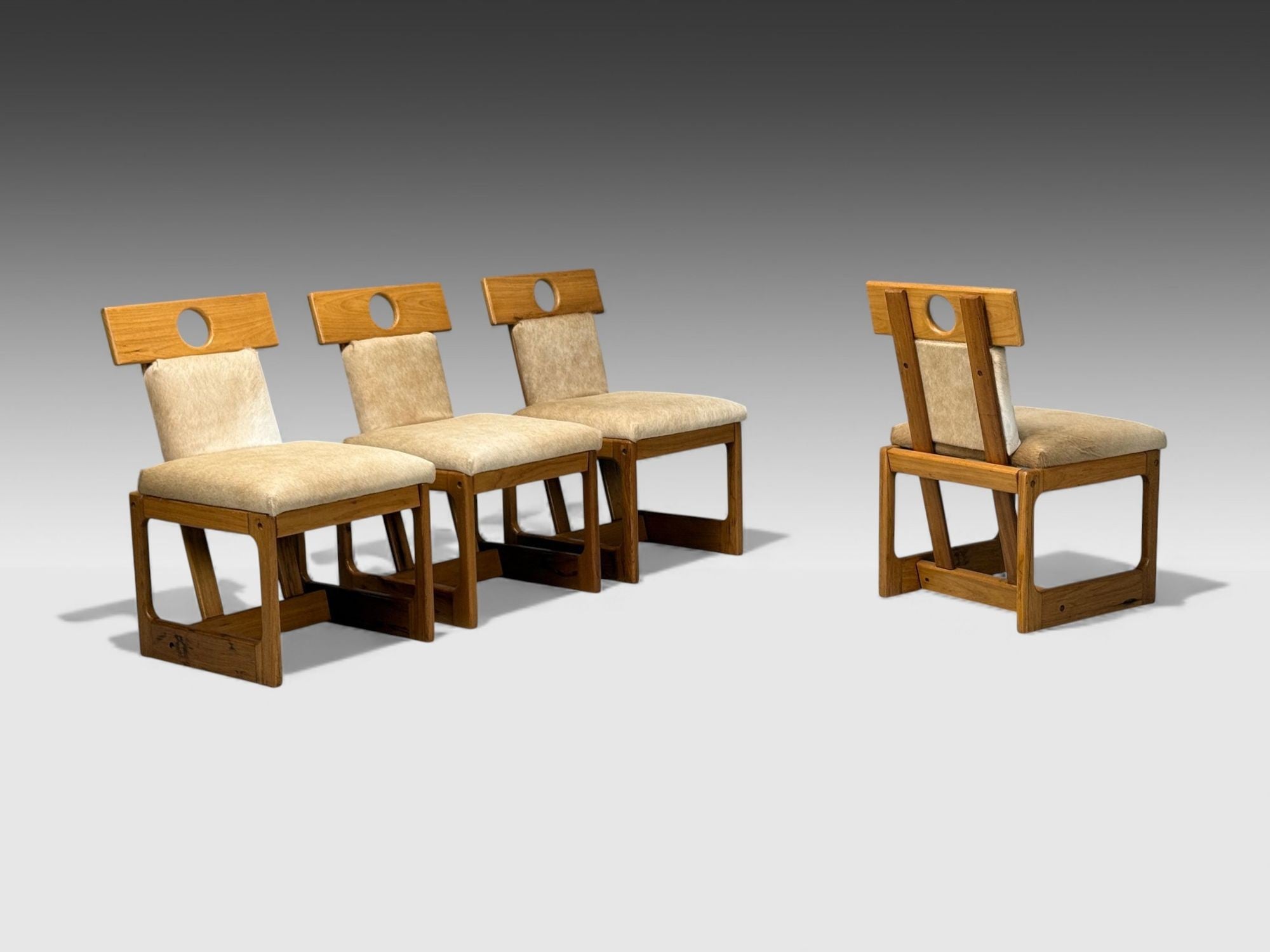 Sergio Rodrigues, Cavoina, Cowhide, Four Cuiabá Dining Chairs, Brazil, 1985