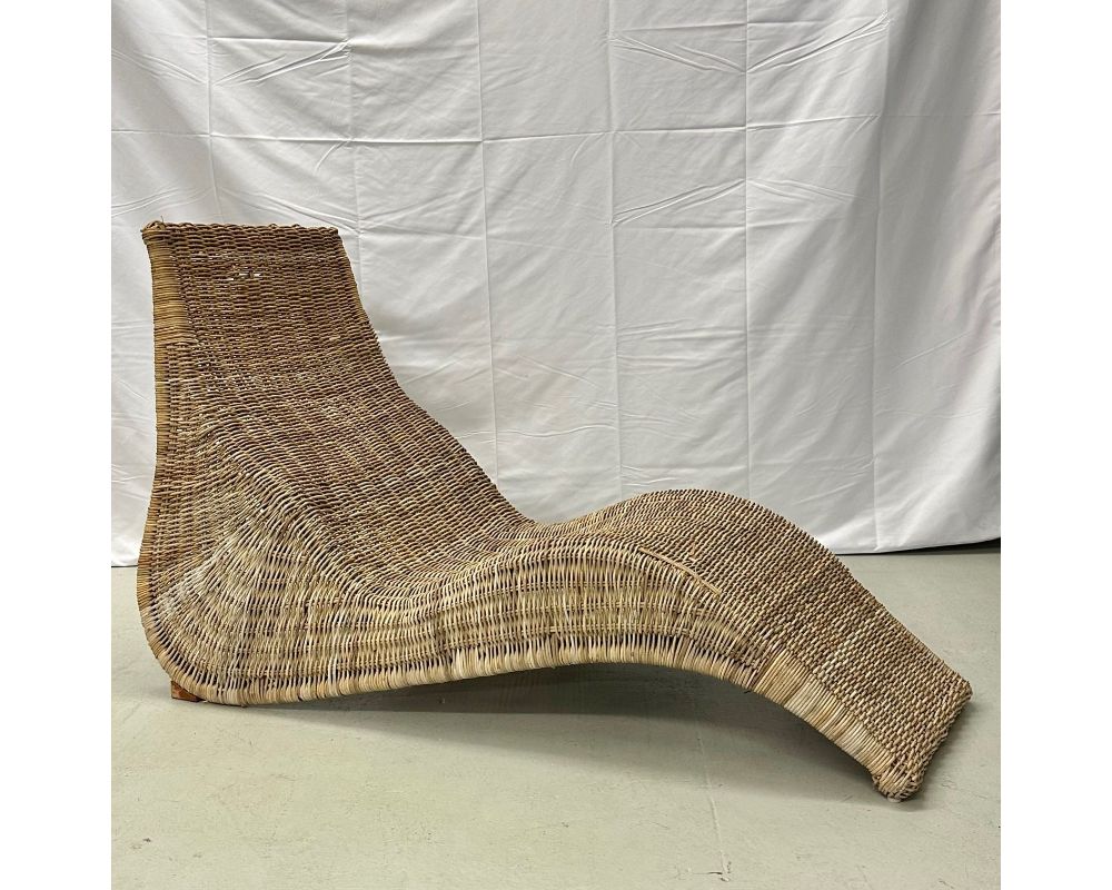 Pair Bohemian Mid-Century Modern Karlskrona Rattan Wicker Chaise Lounge Chairs