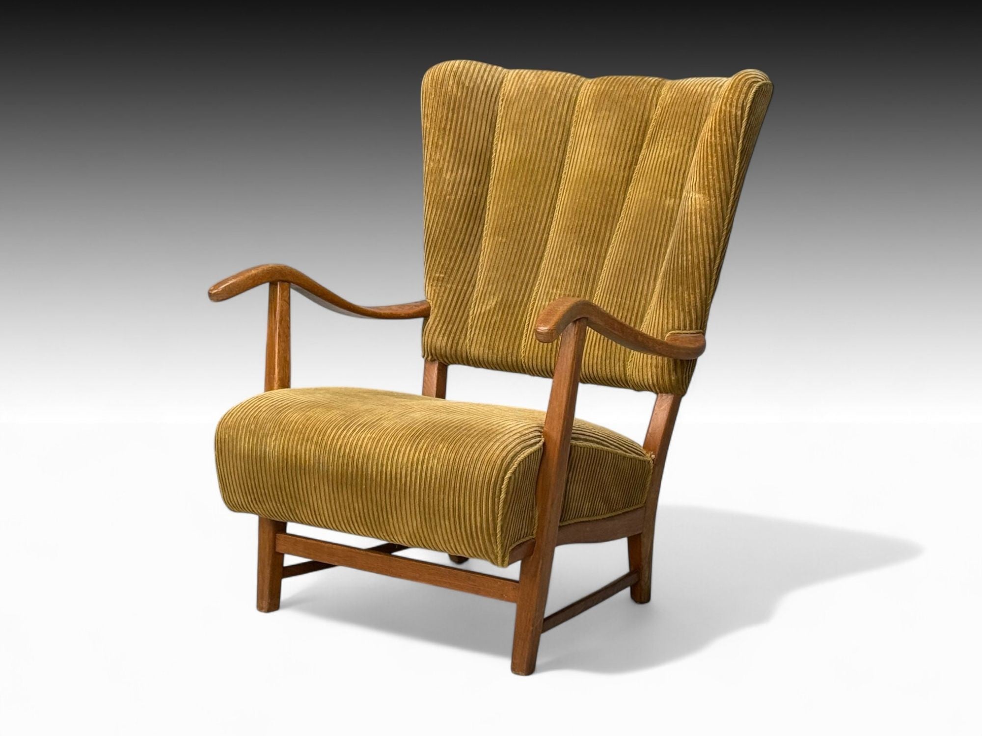 Frits Henningsen, Danish Modern, Corduroy, Wood, Lounge Chair, Denmark, 1940s