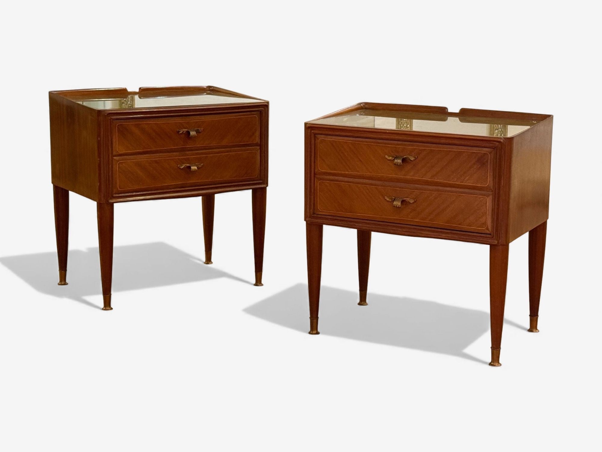 Italian Modern, Stained Wood, Brass, Glass, Nightstands, Italy, 1950s