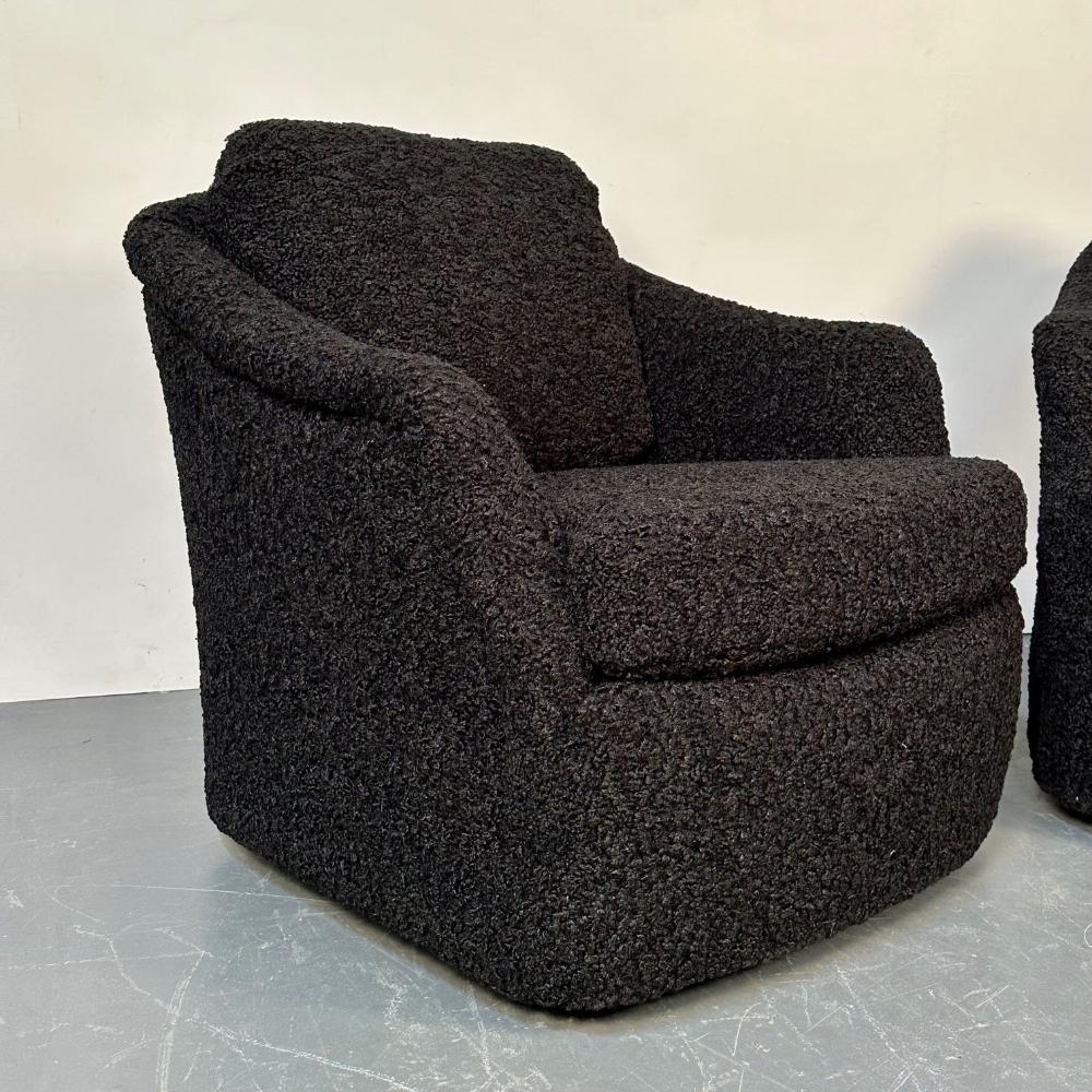 Mid-Century Modern Black Boucle Tub / Swivel / Lounge Chair, Faux Fur