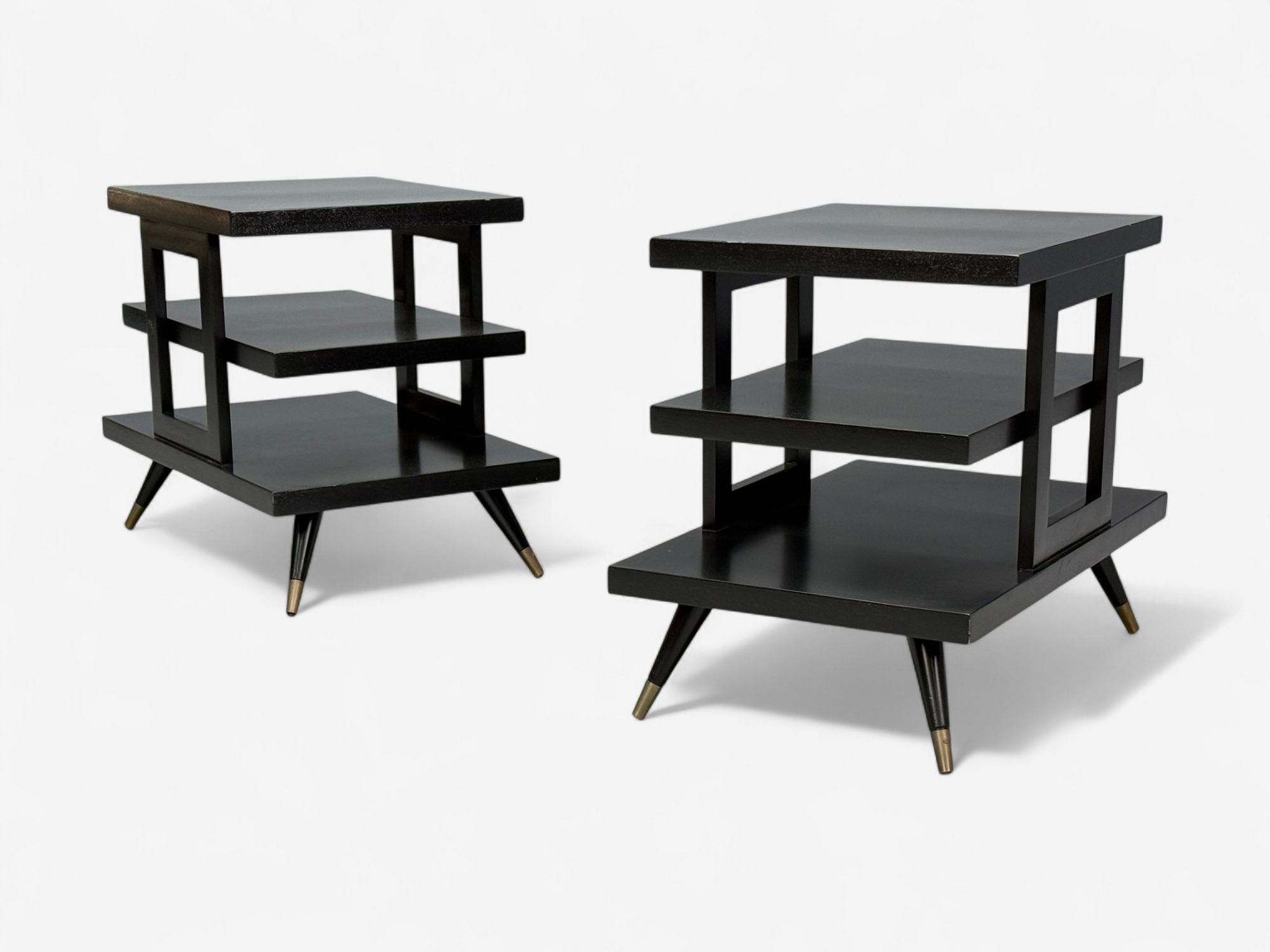 Ico Parisi Style, Ebonized Wood, Brass, Sculptural Side Tables, Europe, 1950s