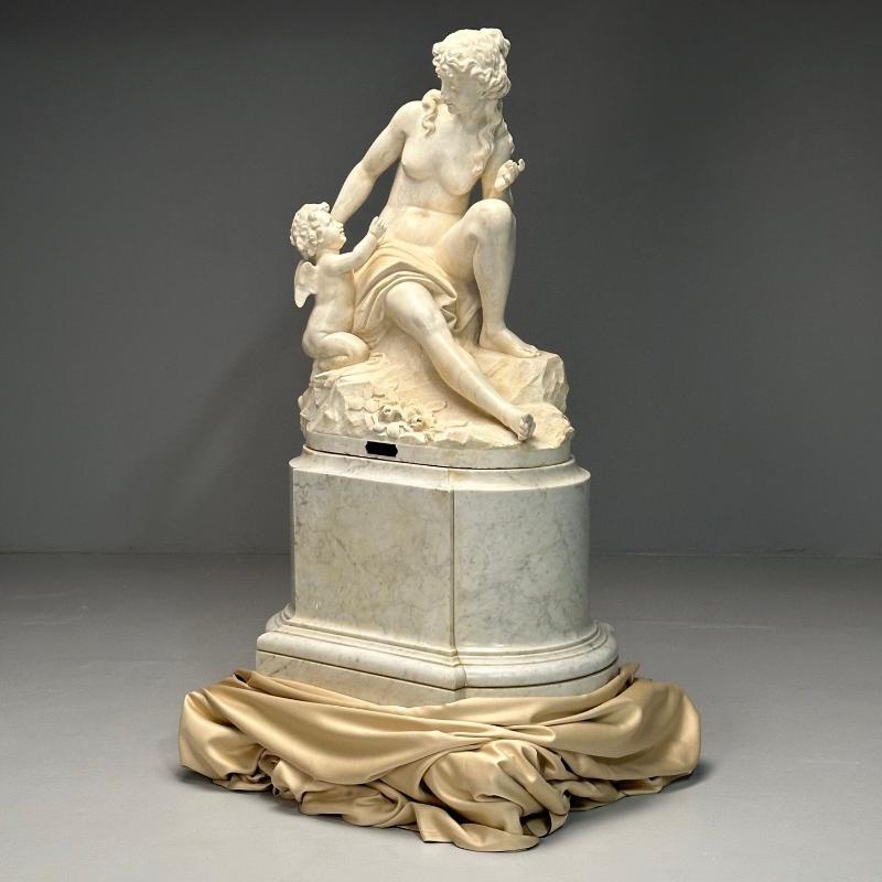 Jean-Marie Boucher, Venus and Cupid Marble Statue, White Marble, Romantic, 1910