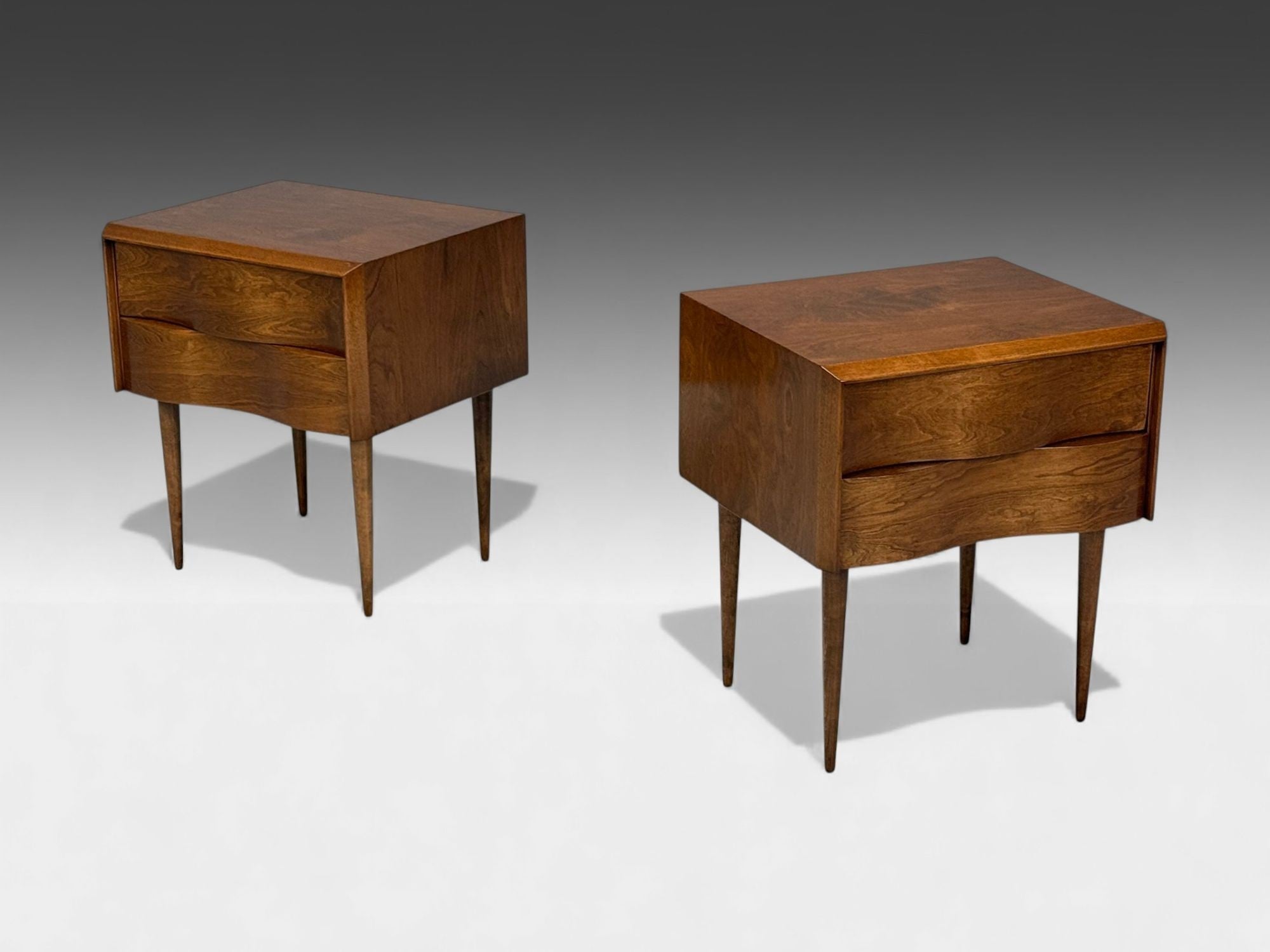 Edmond J Spence, Swedish Modern, Maple, Rare Wave Nightstands, 1950s