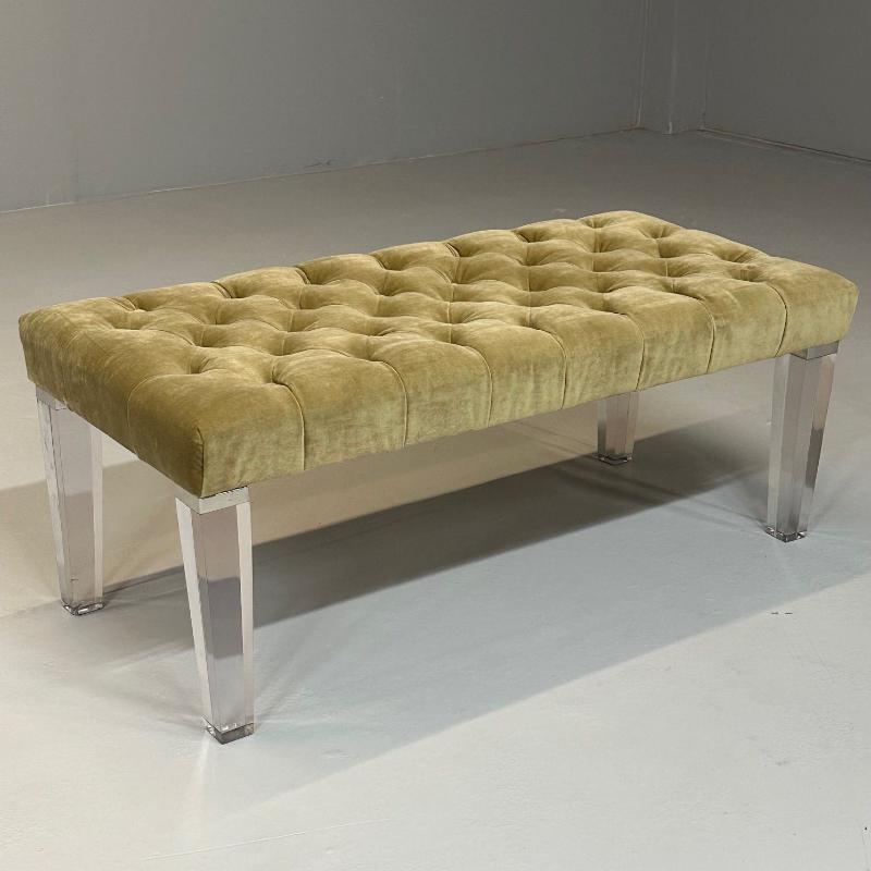 Contemporary, Modern Tufted Window Bench, Chrome, Acrylic, Green Velvet, 2010s