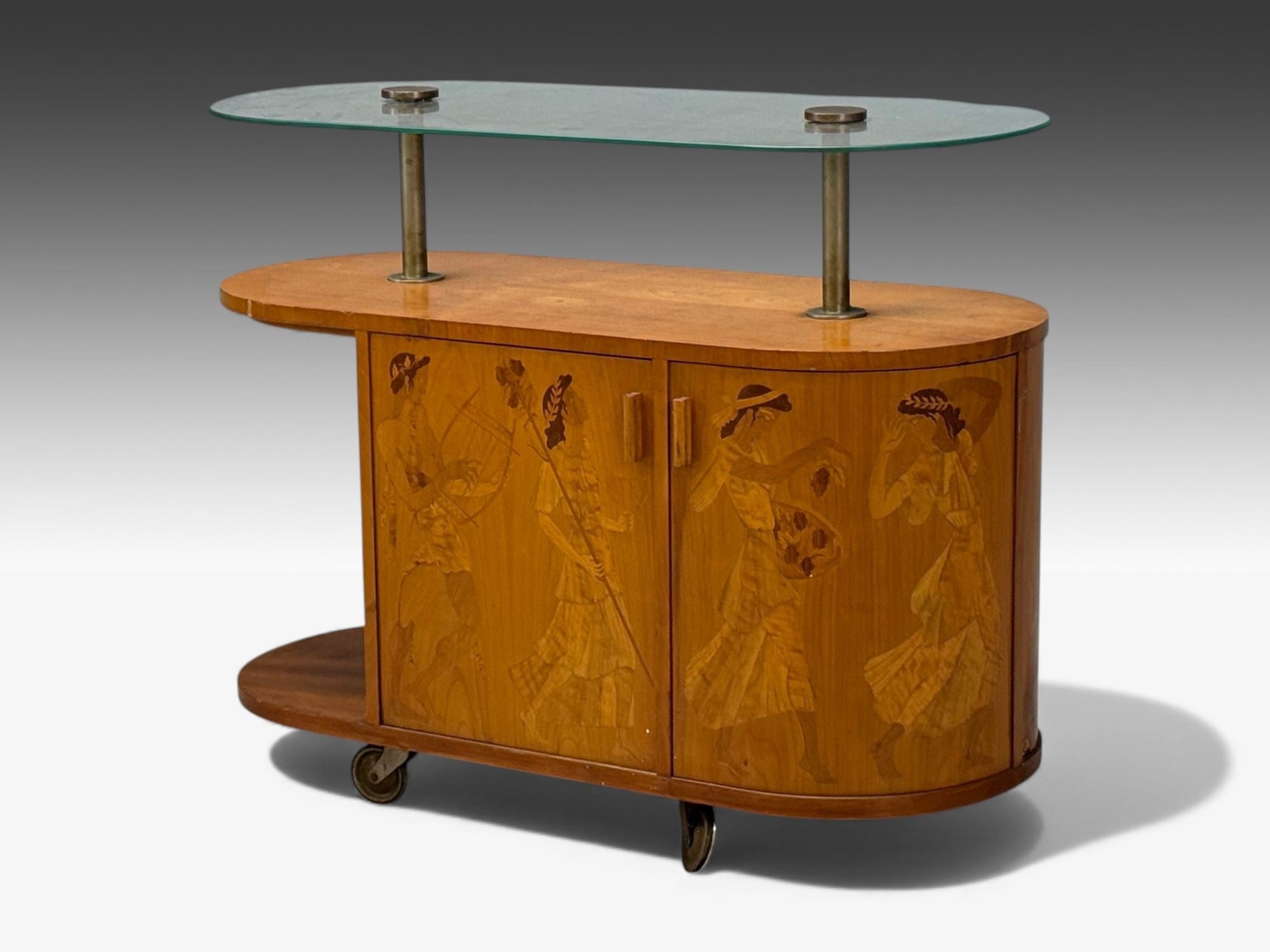 Erik Mattsson, Art Deco, Marquetry, Glass, Rare Bar Cart, Sweden c. 1939