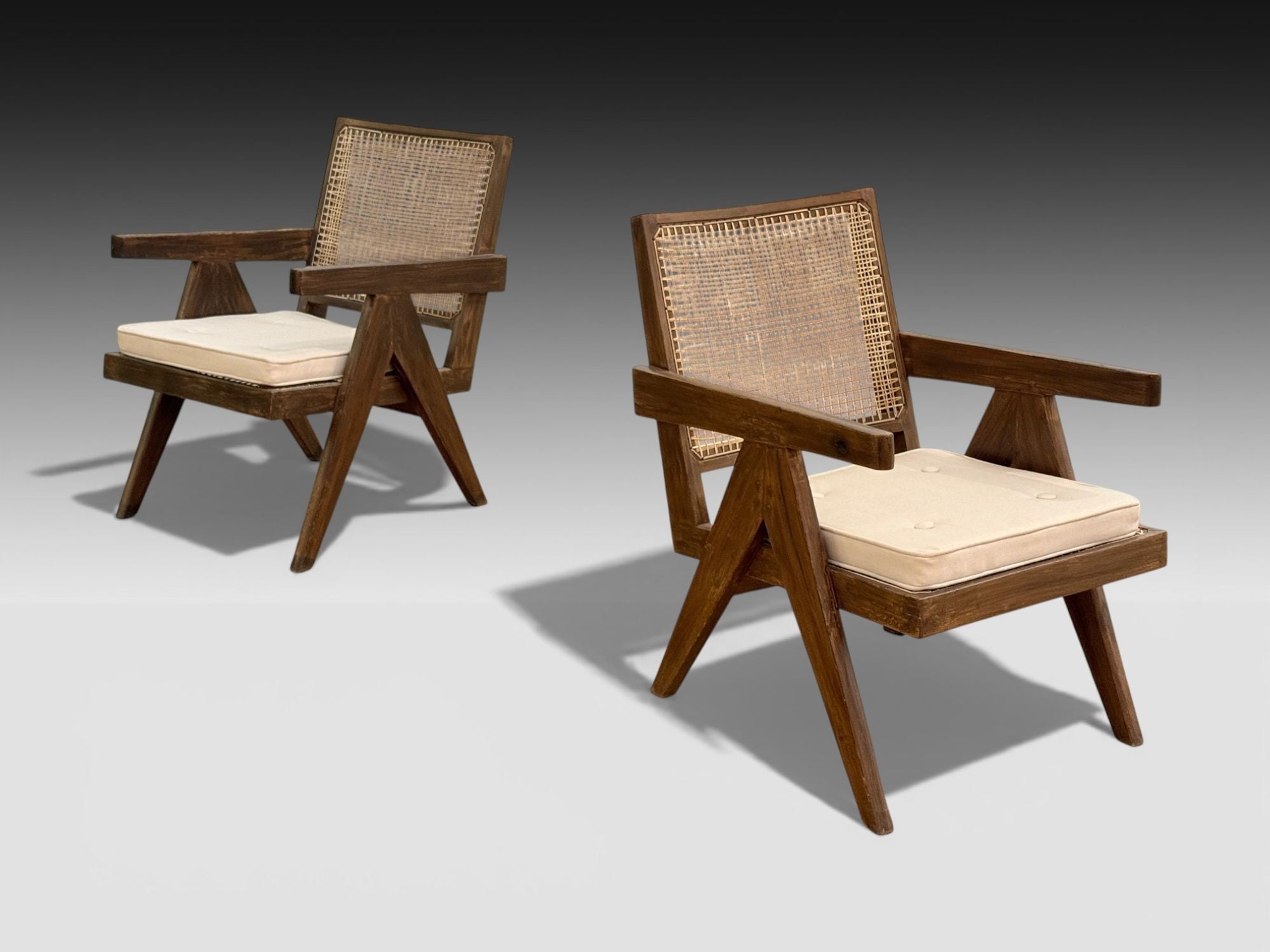 Pierre Jeanneret, Teak, Cane, Low Easy Chairs, Chandigarh, India c. 1960s